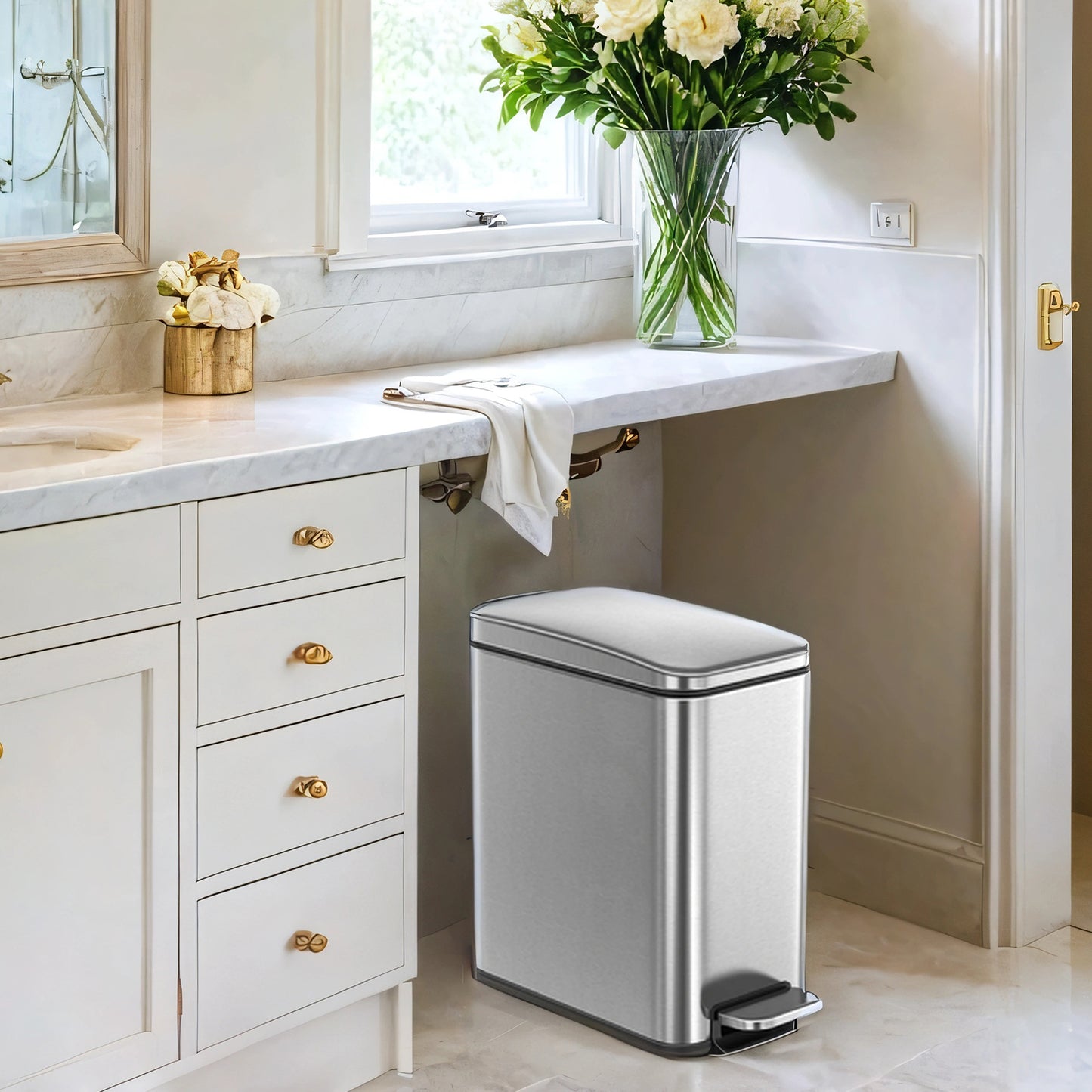 1.3 Gal Slim Step Bathroom Trash Can, Soft-Close Lid, Removable Bucket, Space-Saving Stainless Steel Bin,Silver