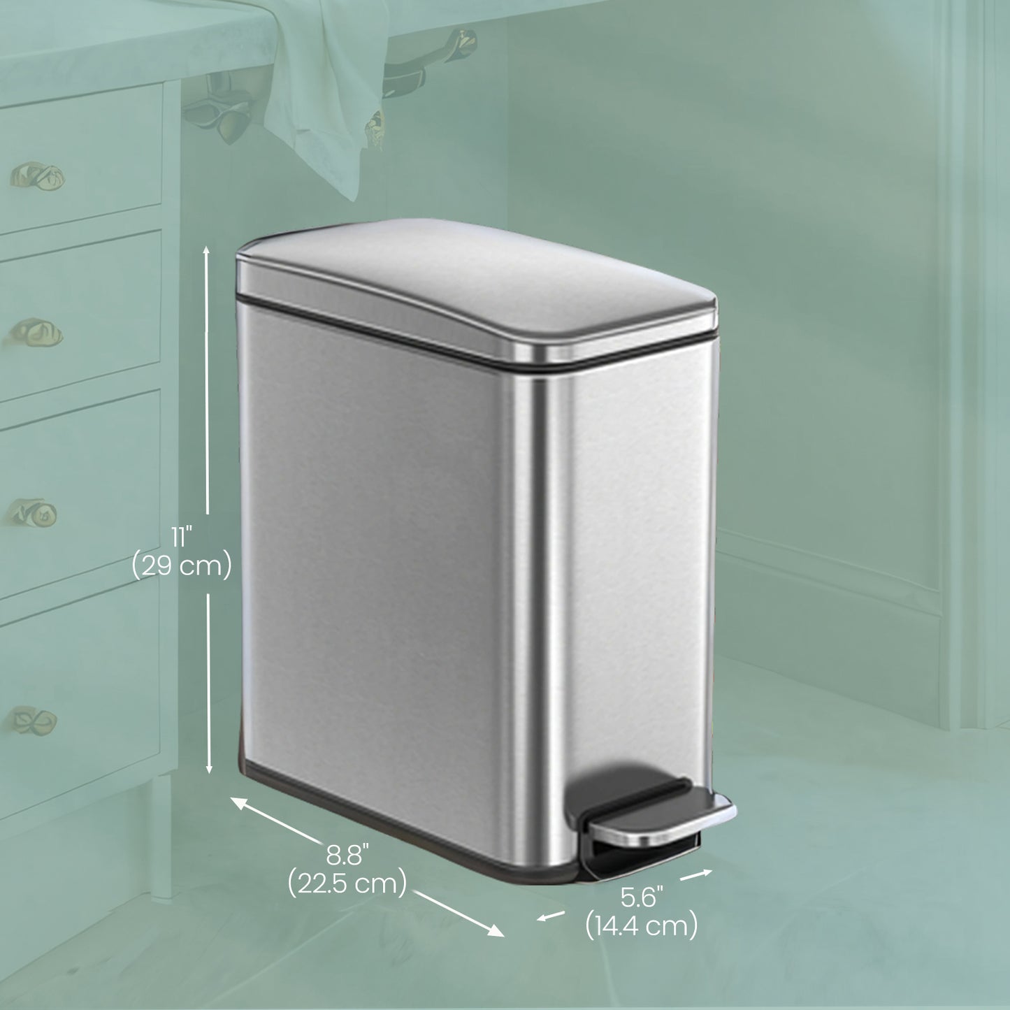 1.3 Gal Slim Step Bathroom Trash Can, Soft-Close Lid, Removable Bucket, Space-Saving Stainless Steel Bin,Silver