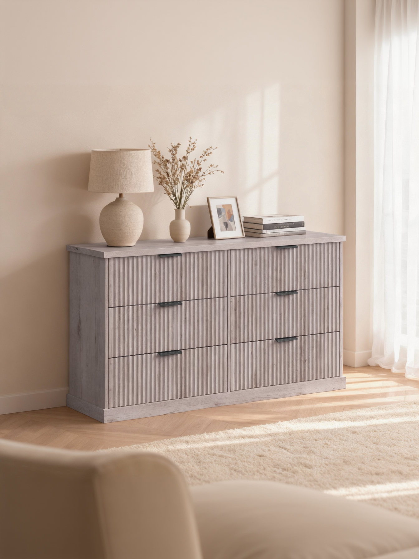 6-Drawer Double Dresser, 54.2-Inch Wide Fluted Panel Chest of Drawers for Bedroom and TV Stand, Mid Century Modern, Washed Gray