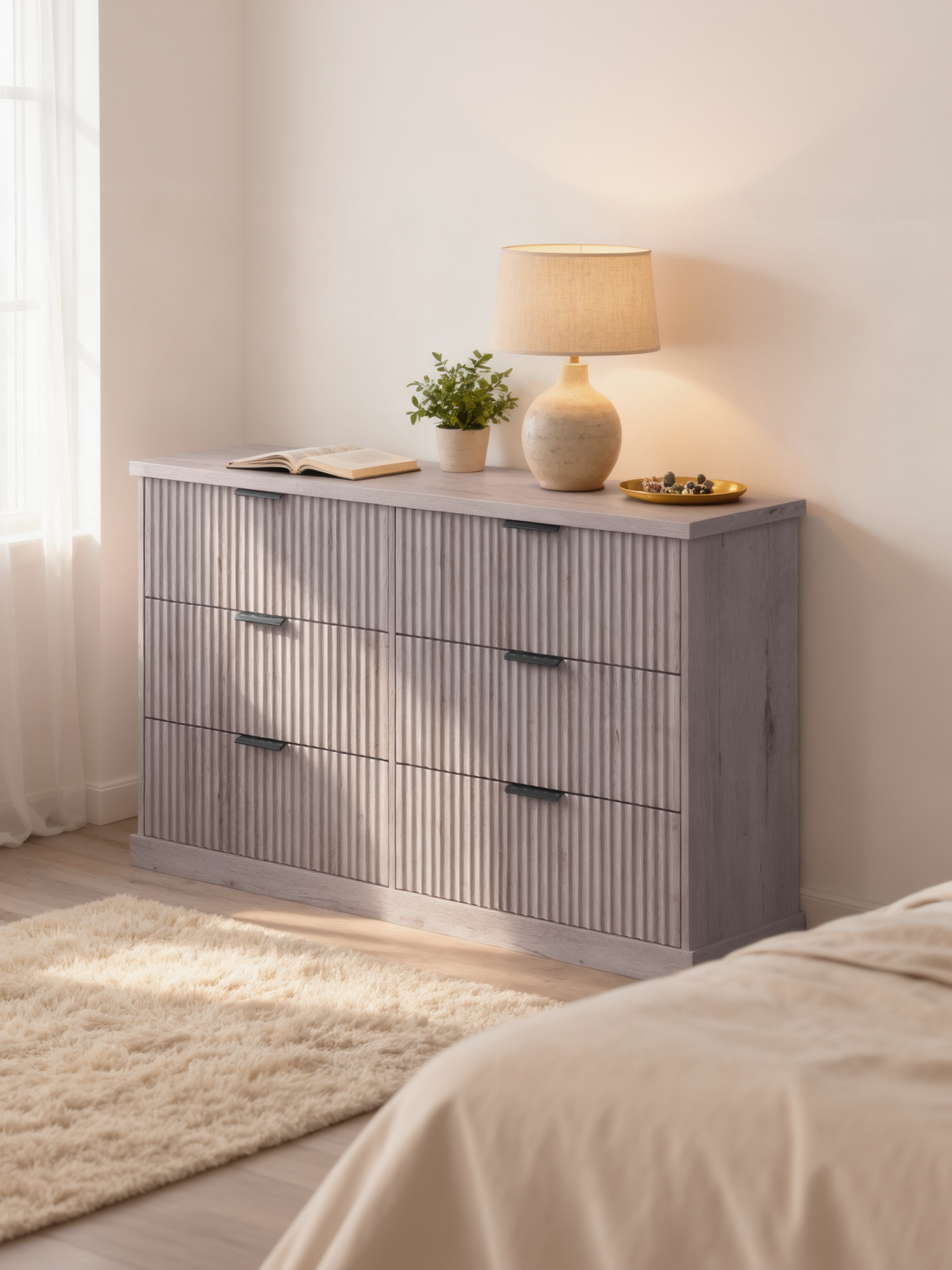 6-Drawer Double Dresser, 54.2-Inch Wide Fluted Panel Chest of Drawers for Bedroom and TV Stand, Mid Century Modern, Washed Gray