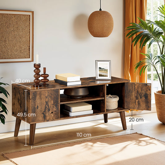 42-Inch Retro TV Stand, Mid-Century Modern Entertainment Center with Push-Open Doors & Shelves, 43.4 Inch, Rustic Brown