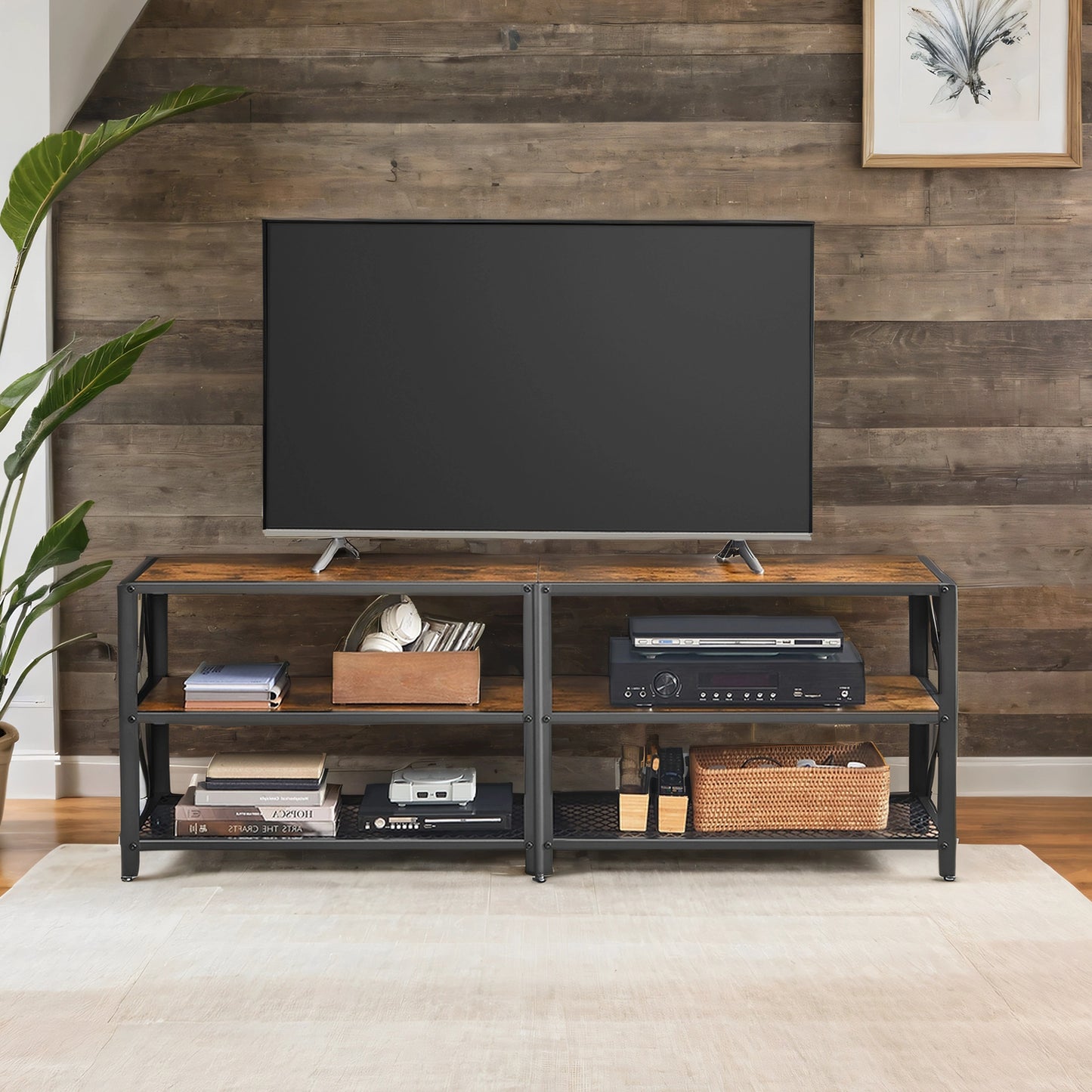 65-Inch TV Stand Console, 55.1 Inch Wide Entertainment Center with 3 Storage Shelves, Steel Frame, Rustic Brown & Black