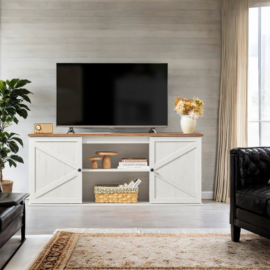 65-Inch Farmhouse TV Stand, Entertainment Center with Sliding Barn Doors & 4 Storage Compartments, 170 lb Capacity, Rustic White & Honey Brown