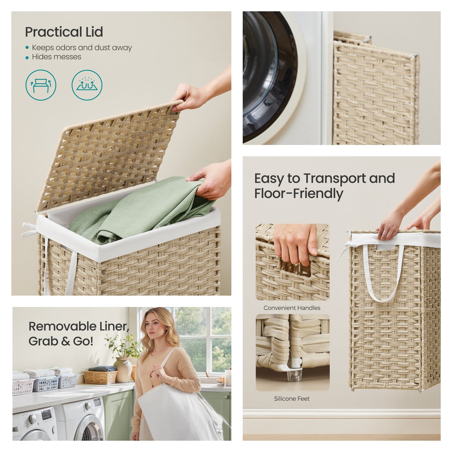 Laundry Hamper with Lid, 23.8 Gallon Large Clothes Basket with Handles & Removable Liner, Synthetic Rattan with Metal Frame, Foldable & Ventilated, Summer Sand