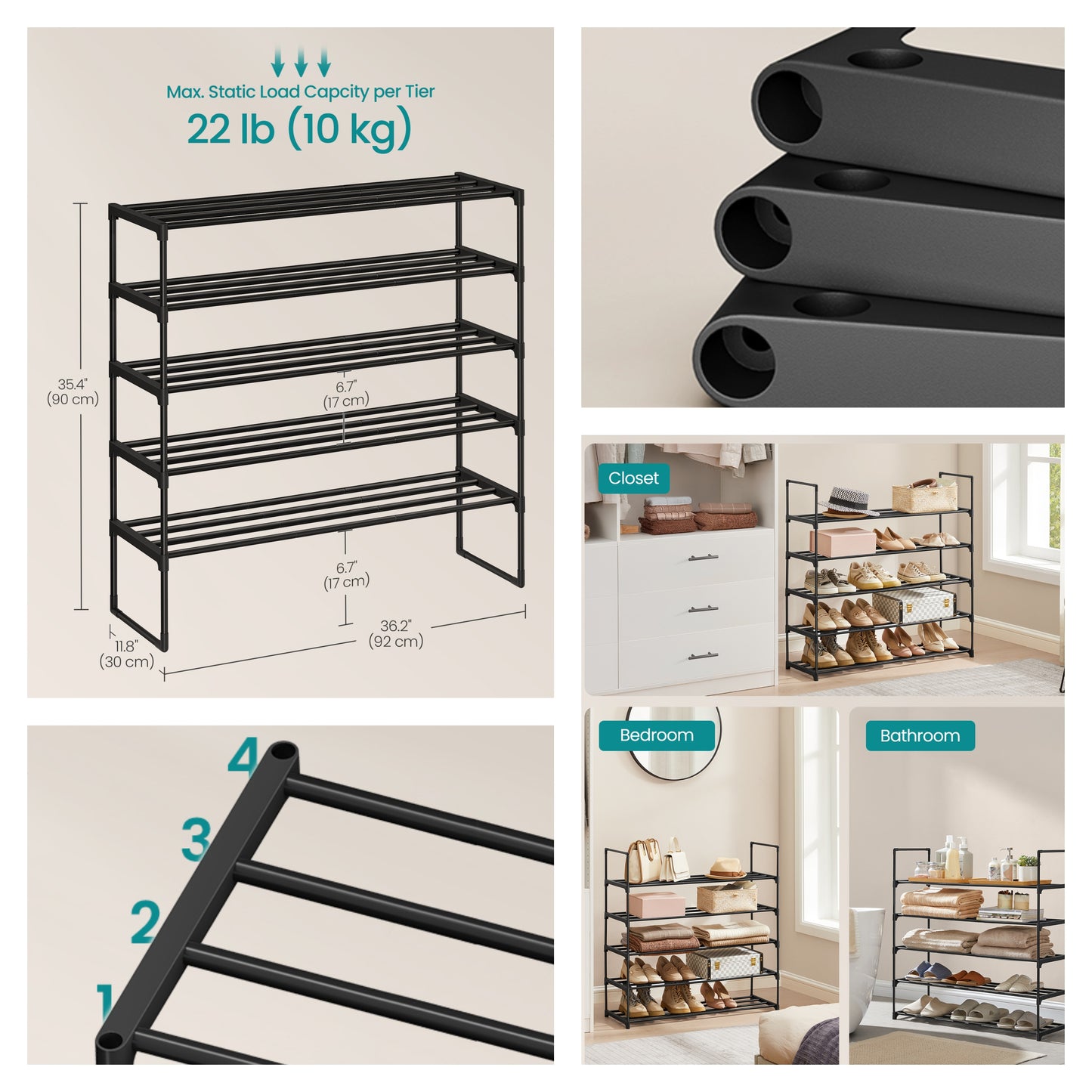 Shoe Rack, 5-Tier Metal Shoe Organizer for Entryway, Stands Upright or Upside Down, Holds 20-25 Pairs, Stackable & Tool-Free Assembly, Black