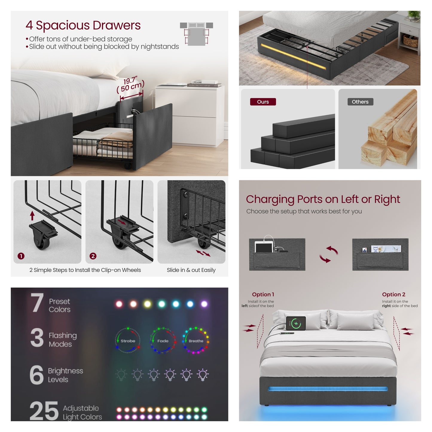 Queen Bed Frame with LED Lights & Charging Station, 4 Drawer Storage Bed with USB Type-C Ports, Steel Slats No Box Spring Needed, Dark Gray
