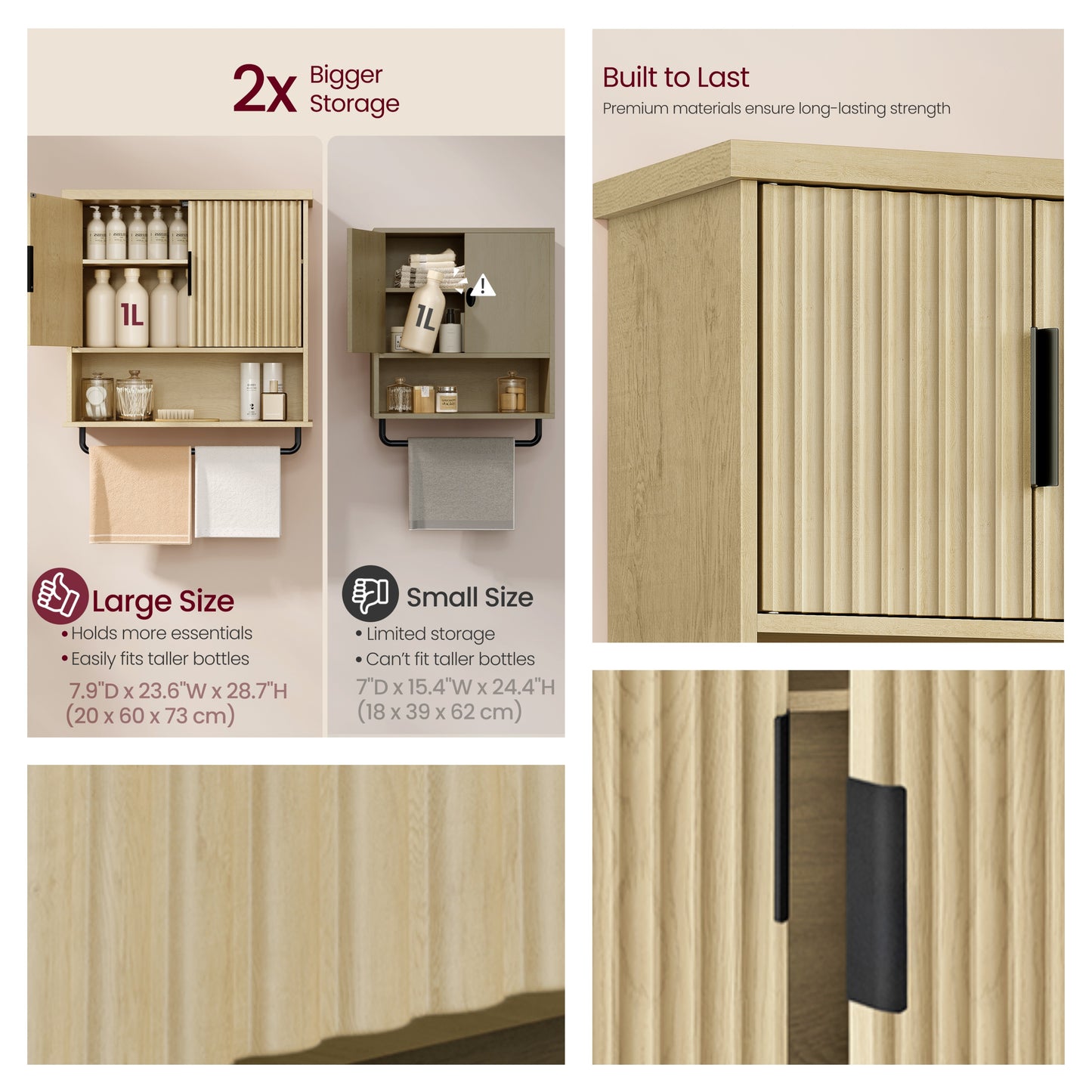 Wall-Mounted Over Toilet Cabinet with Adjustable Shelf, Fluted Doors Hanging Cabinet and Towel Bar, 23.6 x 28.7 Inches, Oak Beige