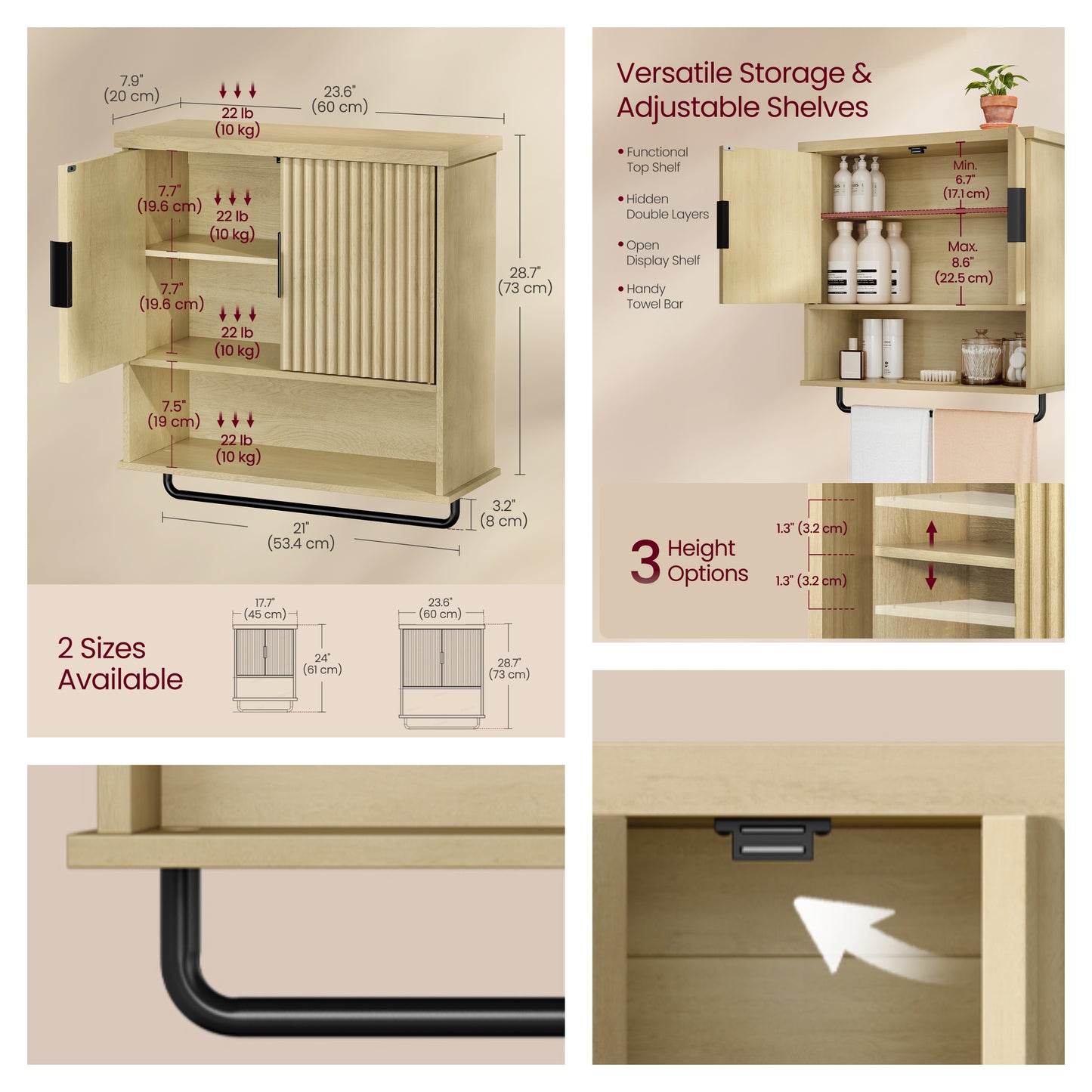 Wall-Mounted Over Toilet Cabinet with Adjustable Shelf, Fluted Doors Hanging Cabinet and Towel Bar, 23.6 x 28.7 Inches, Oak Beige