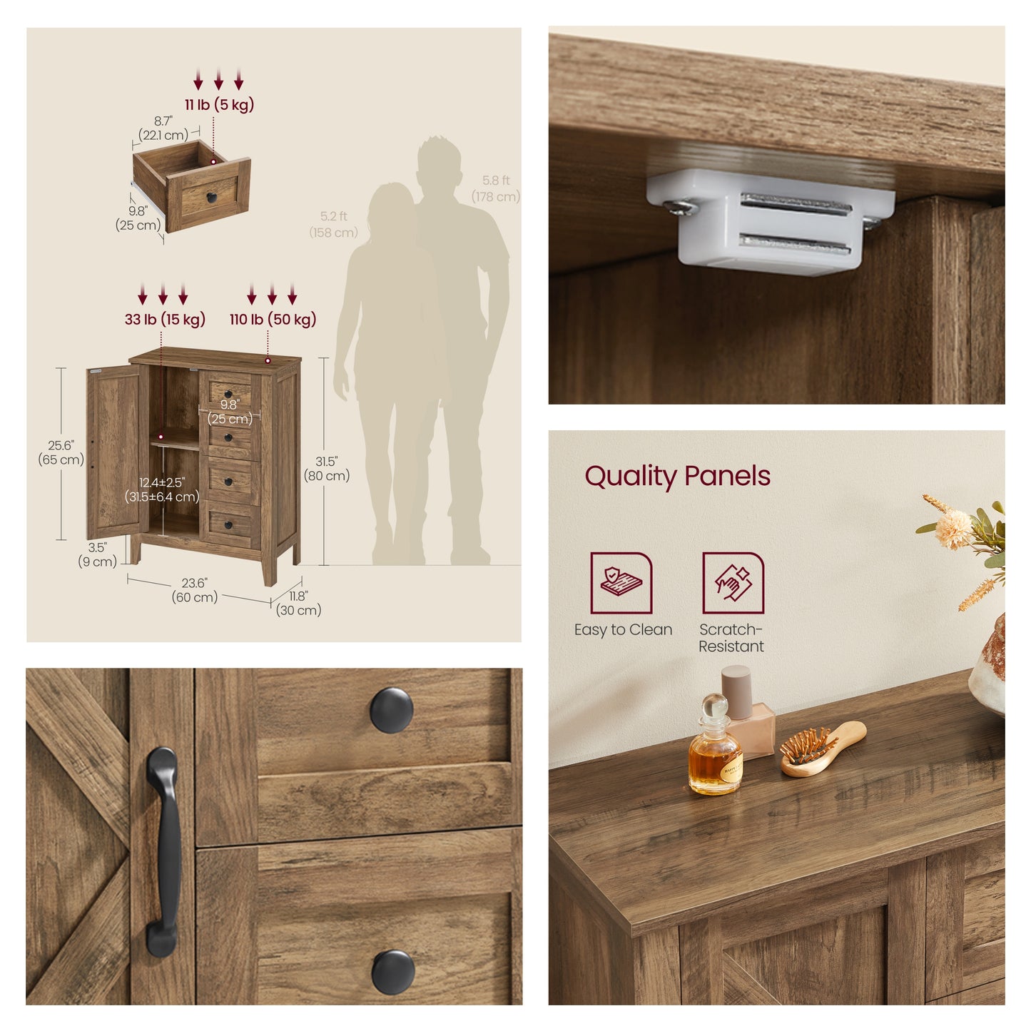 Farmhouse Storage Cabinet with 4 Drawers and Adjustable Shelf, Barn Door Floor Cabinet for Bathroom and Living Room, Honey Brown