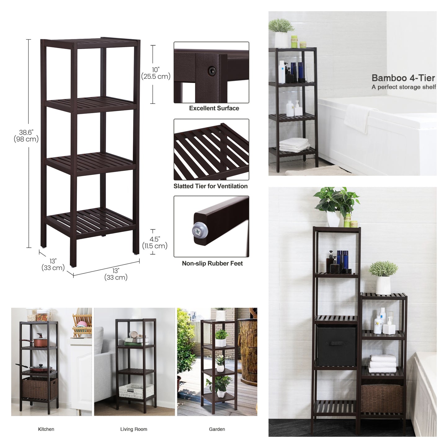 4-Tier Bamboo Storage Shelf, 13 x 13 Inch Shelving Unit for Bathroom, Entryway, Kitchen and Balcony, Brown