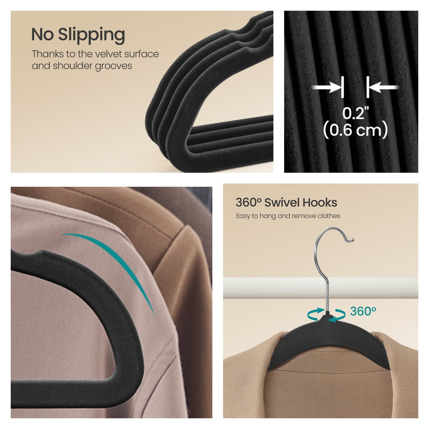 60 Pack Velvet Hangers, Heavy-Duty Non-Slip Clothes Hangers with Silver Swivel Hooks for Closet, Black