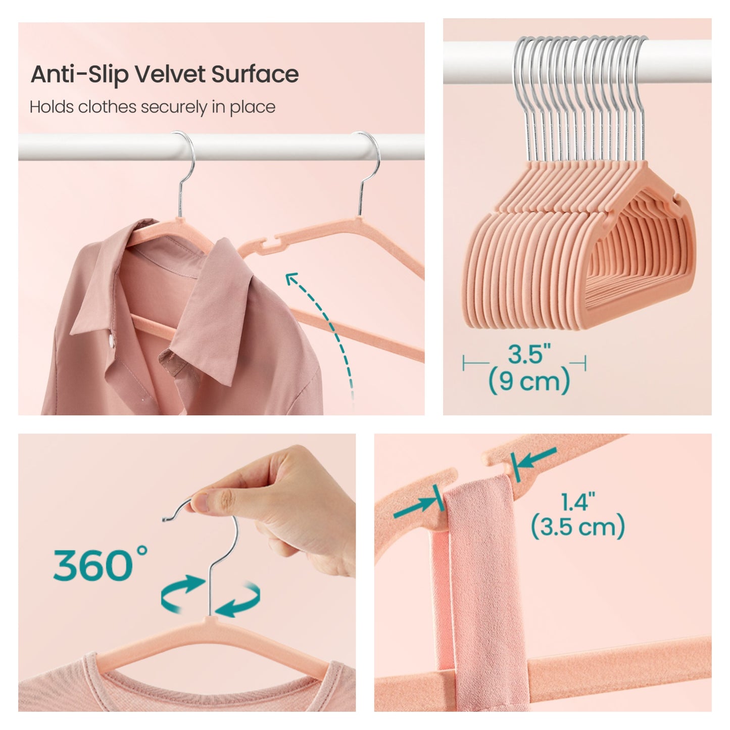 50 Pack Kids Velvet Hangers, 14 x 8 Inch Non-Slip Closet Hangers with Wide Shoulder Notches, Coral Pink
