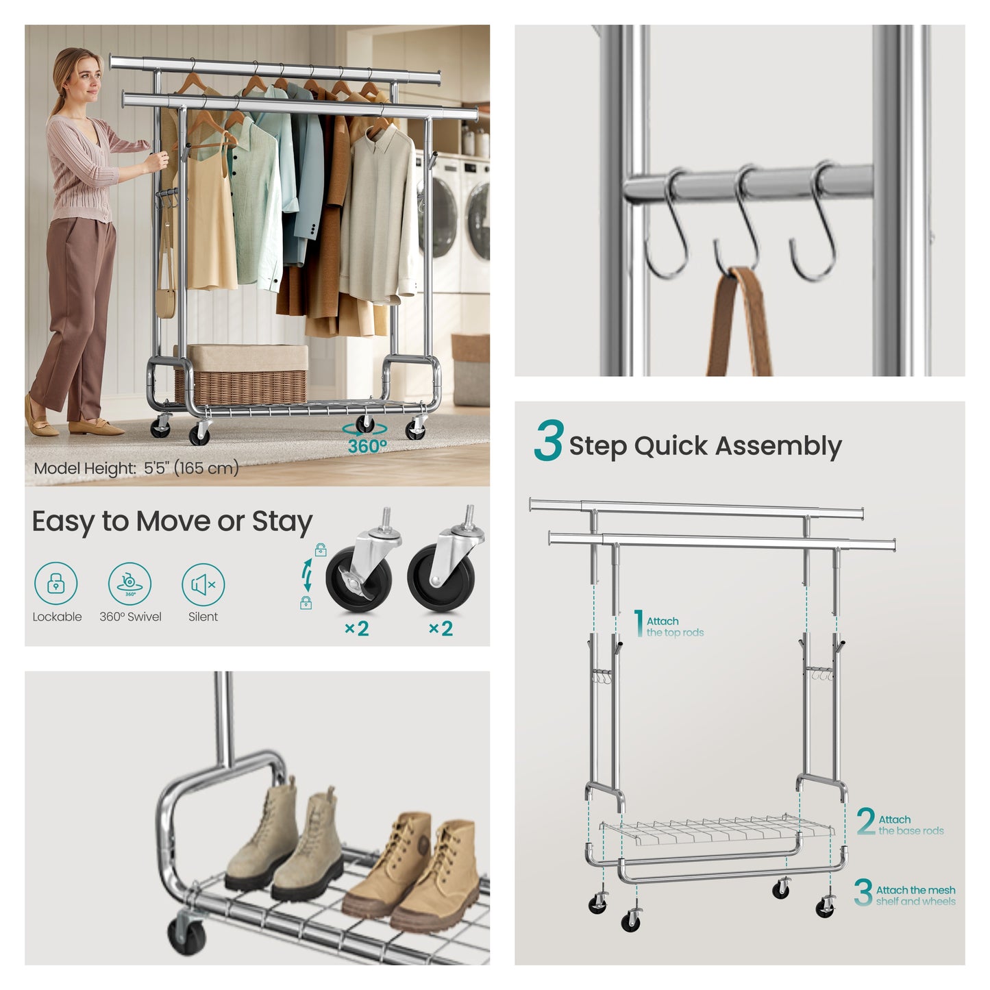 Heavy-Duty Garment Rack with 2 Extendable Hanging Rods and Wheels, Clothes Rack for Hanging with 594 lb Capacity, 42.1-59 Inches Wide
