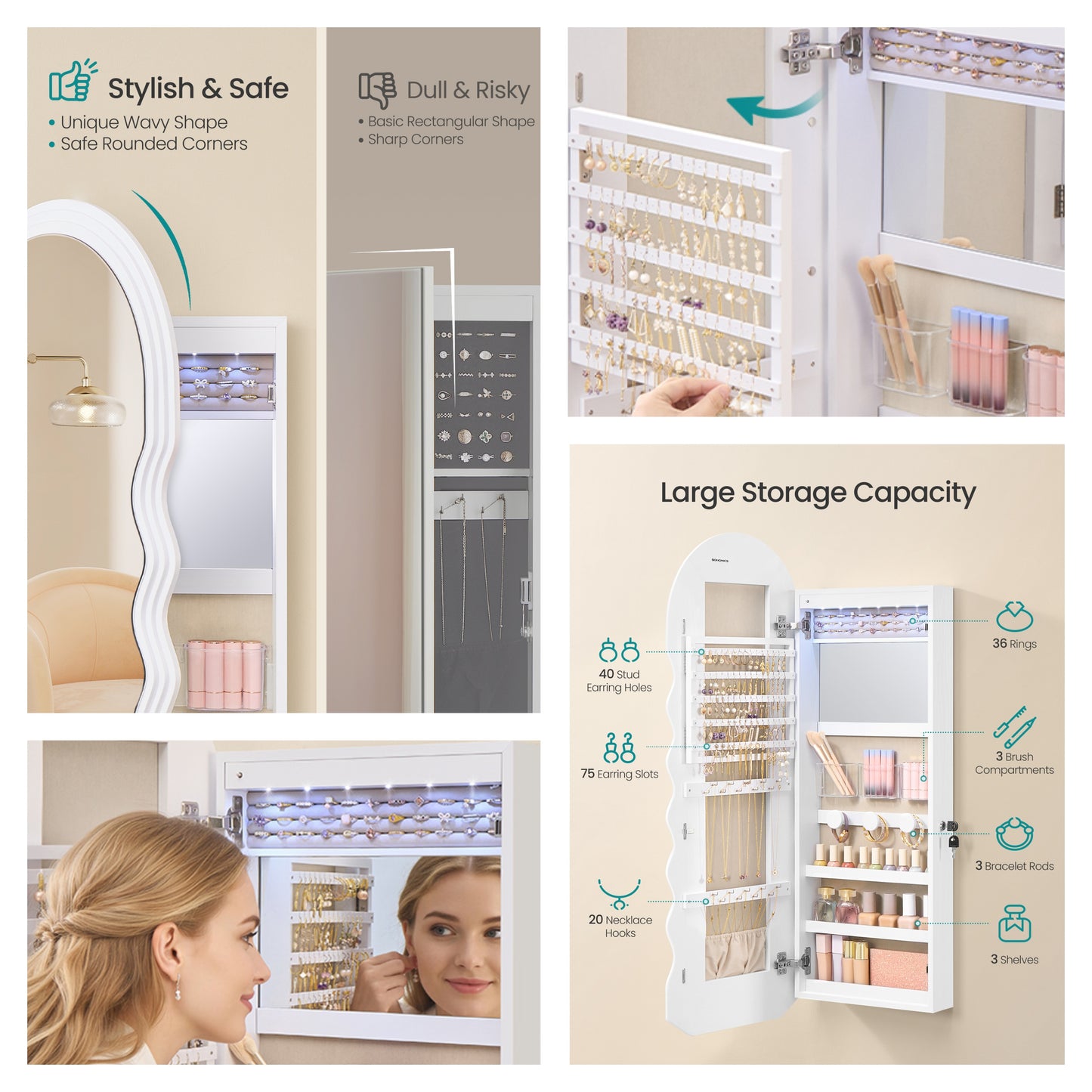 Wall-Mounted Mirror Jewelry Cabinet with LED Lights, Lockable Wavy Full-Length Mirror and Jewelry Organizer, 16.5 x 42.5 Inches, White