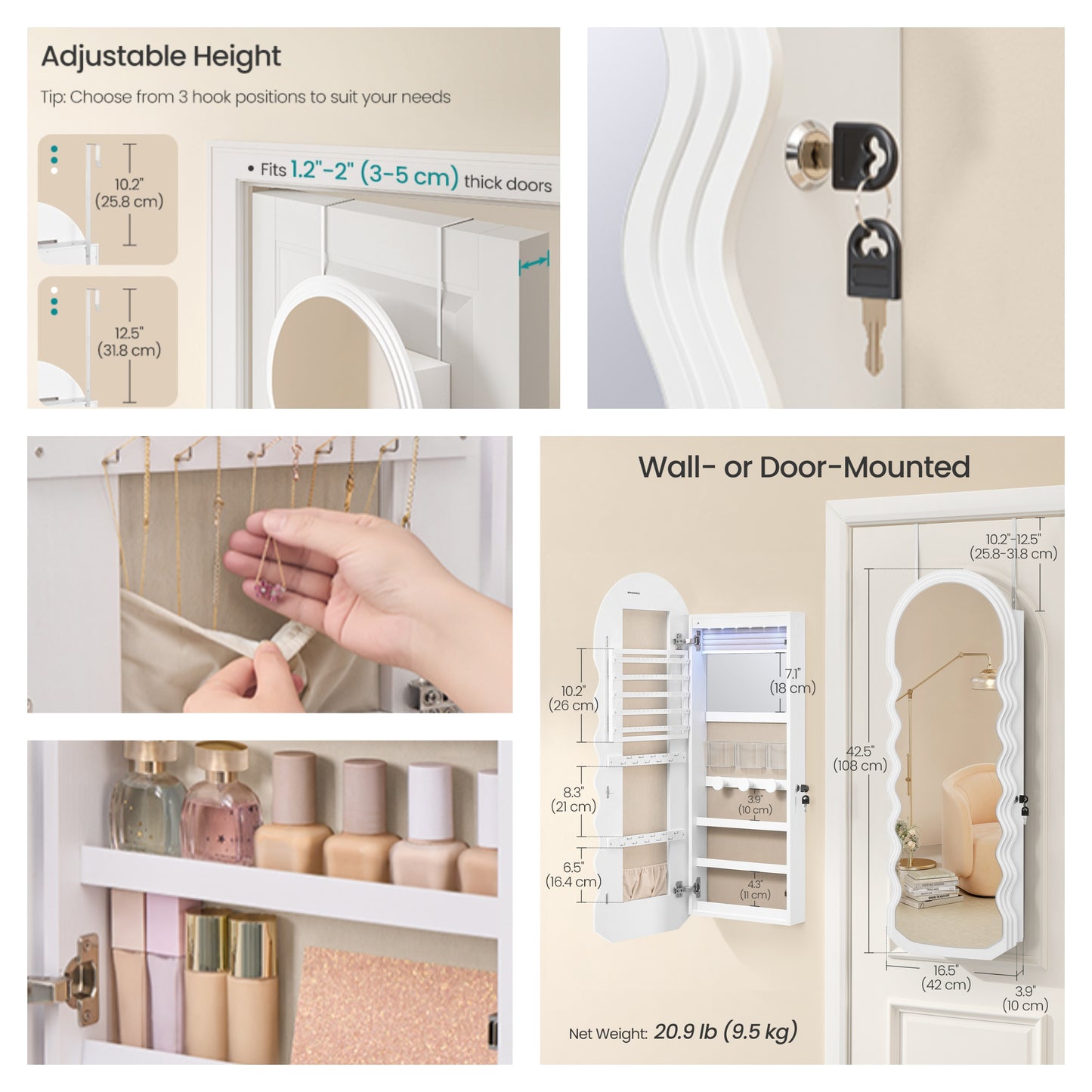 Wall-Mounted Mirror Jewelry Cabinet with LED Lights, Lockable Wavy Full-Length Mirror and Jewelry Organizer, 16.5 x 42.5 Inches, White