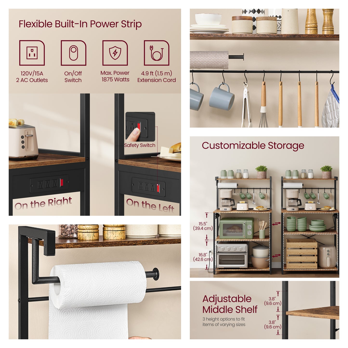 4-Tier Kitchen Bakers Rack with Power Outlet, 31.5-Inch Wide Coffee Bar and Microwave Stand with Adjustable Shelf, Rustic Brown and Ink Black