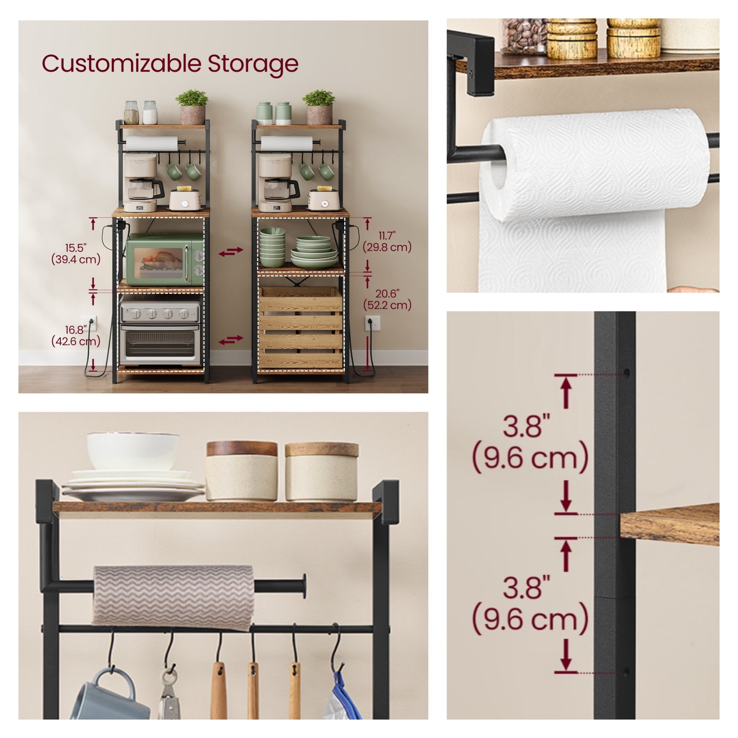 4-Tier Kitchen Bakers Rack with Power Outlet, Coffee Bar and Microwave Stand with Adjustable Shelf, Rustic Brown and Ink Black