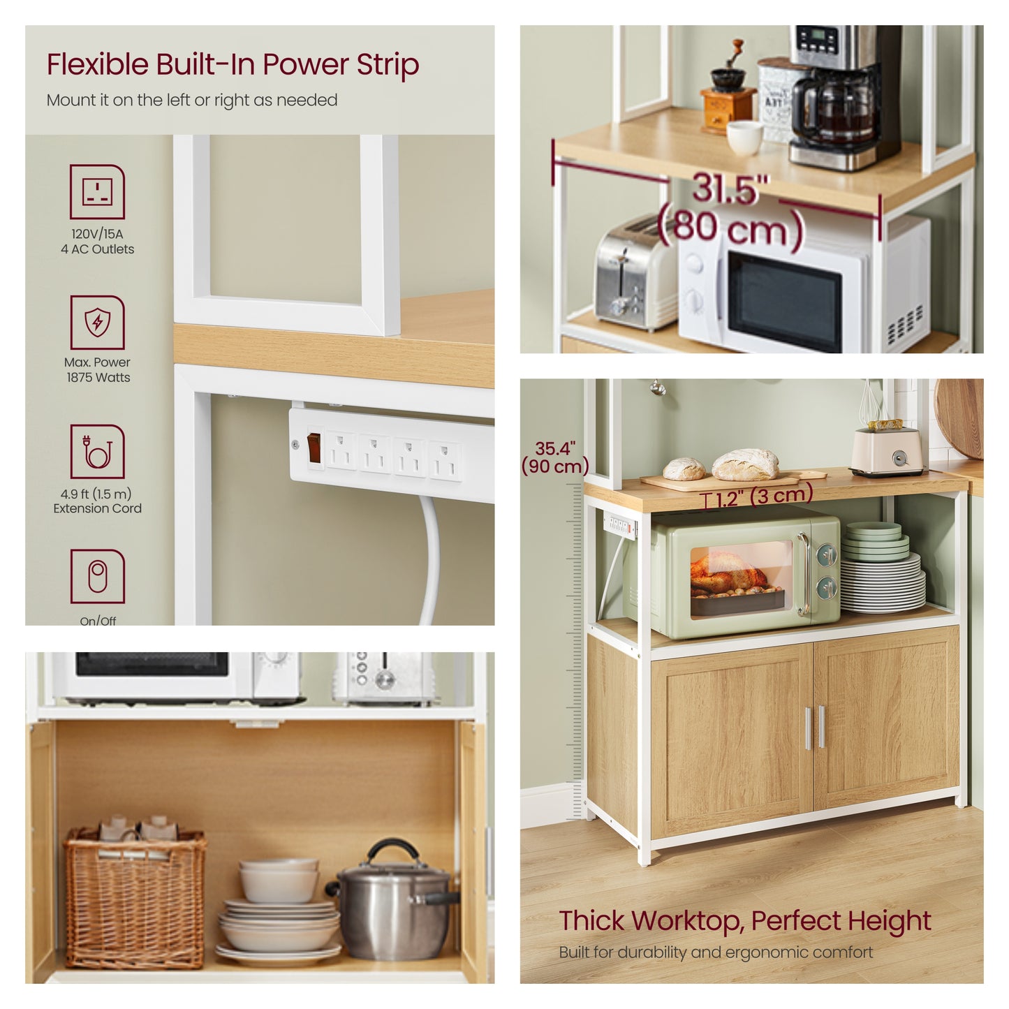 Kitchen Bakers Rack with Power Outlet, Coffee Bar with 35.4-Inch High Worktop and Microwave Stand, Golden Oak and Cloud White
