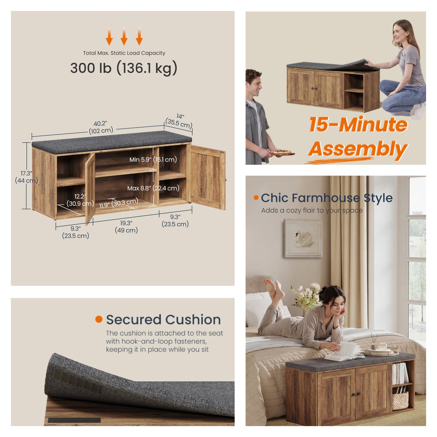 Entryway Shoe Bench with Toolless Assembly, Storage Bench with Cushion & Adjustable Shelves, 40.2 x 17.3 x 14 Inches, Honey Brown and Slate Gray