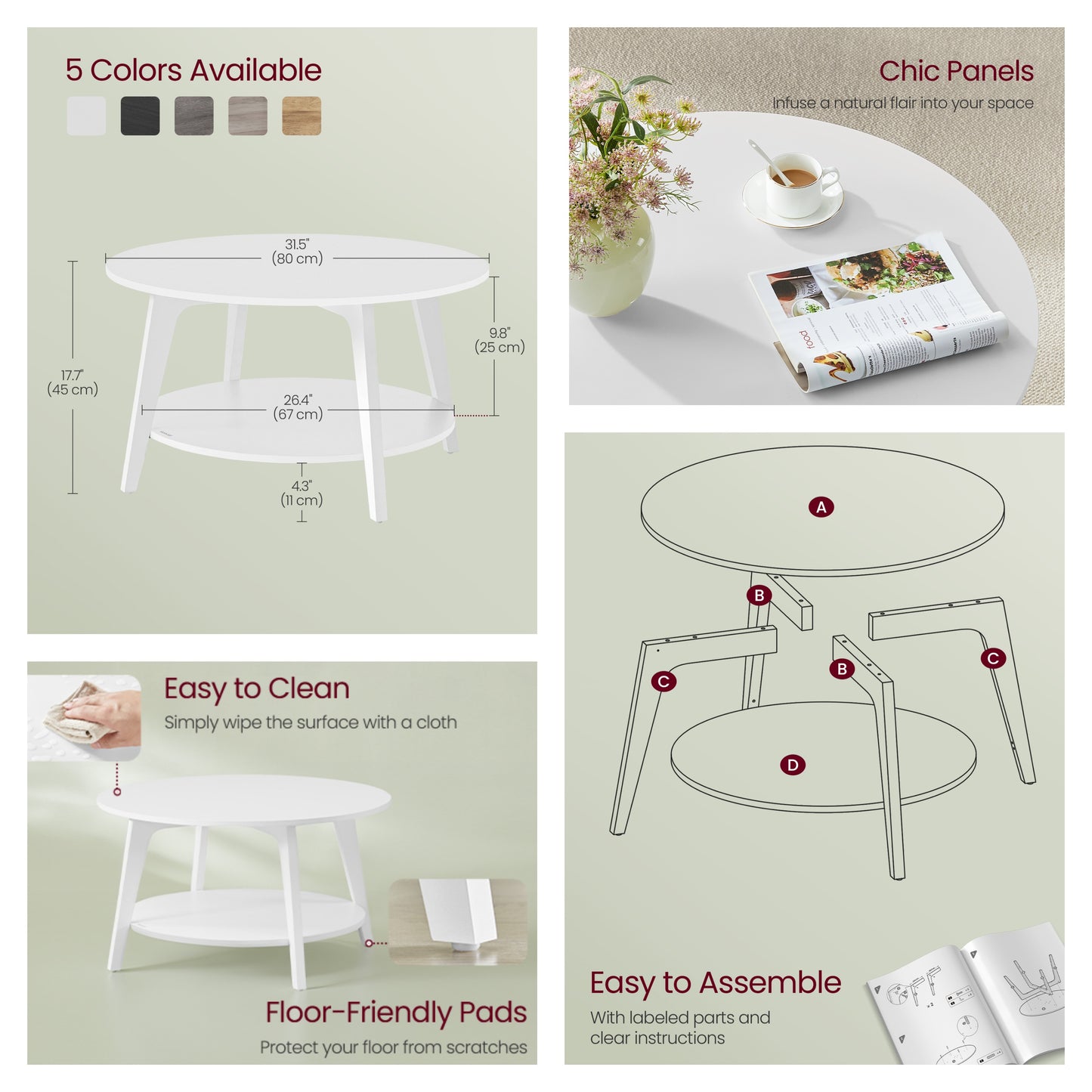 Round Coffee Table, 2-Tier Mid-Century Modern Center Table with Tapered Legs, for Living Room, 31.5 x 17.7 Inches, Snow White