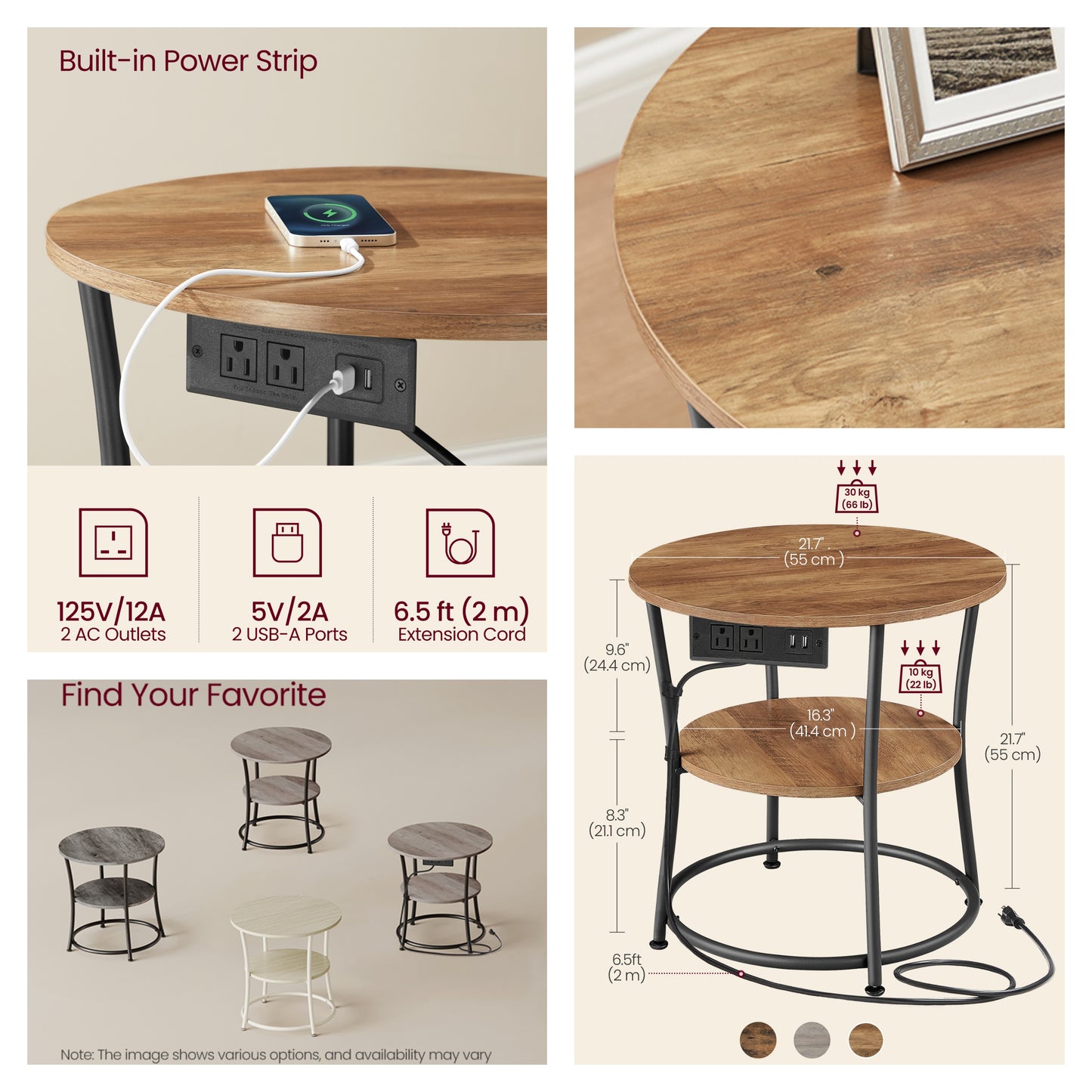 21.7-Inch Round Side Table with Power Outlets, 2-Tier End Table with Steel Frame, Nightstand for Living Room, Bedroom, Honey Brown and Ink Black