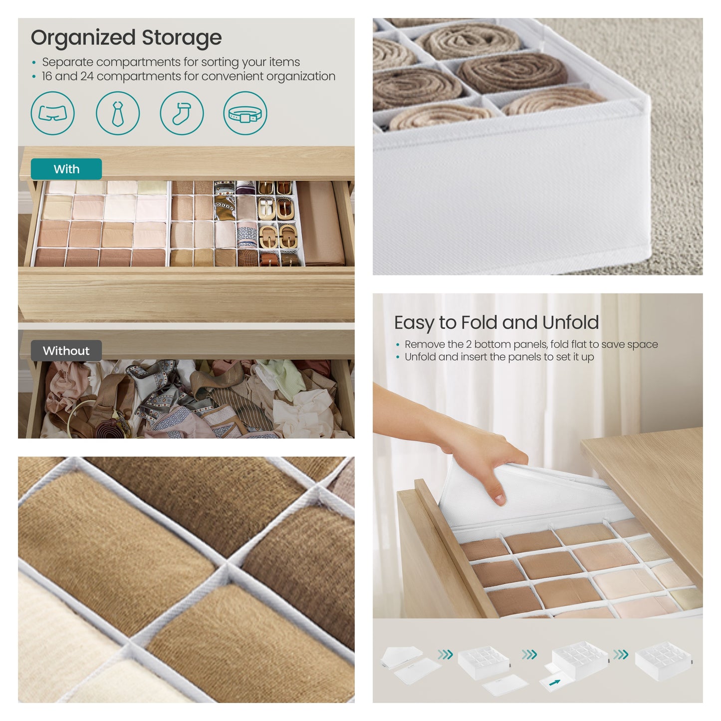 4 Pack Drawer Organizers with 80 Cells, Foldable Dividers for Socks, Underwear, Ties and Belts, 11.8 x 11.8 Inch, Cloud White