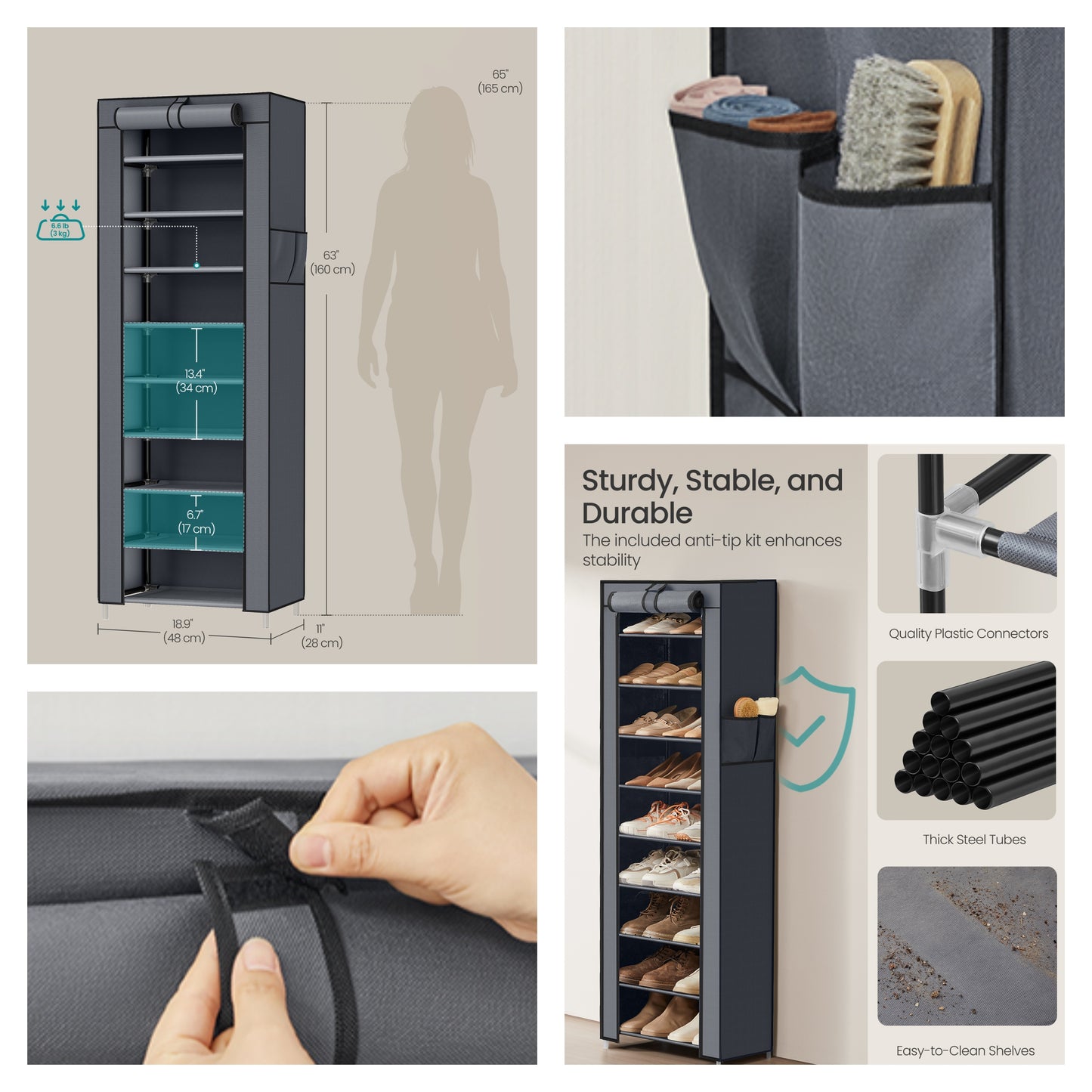 10-Tier Shoe Storage Cabinet with Dustproof Cover, Free-Standing Organizer for 20 Pairs of Shoes, for Closet and Entryway, Gray