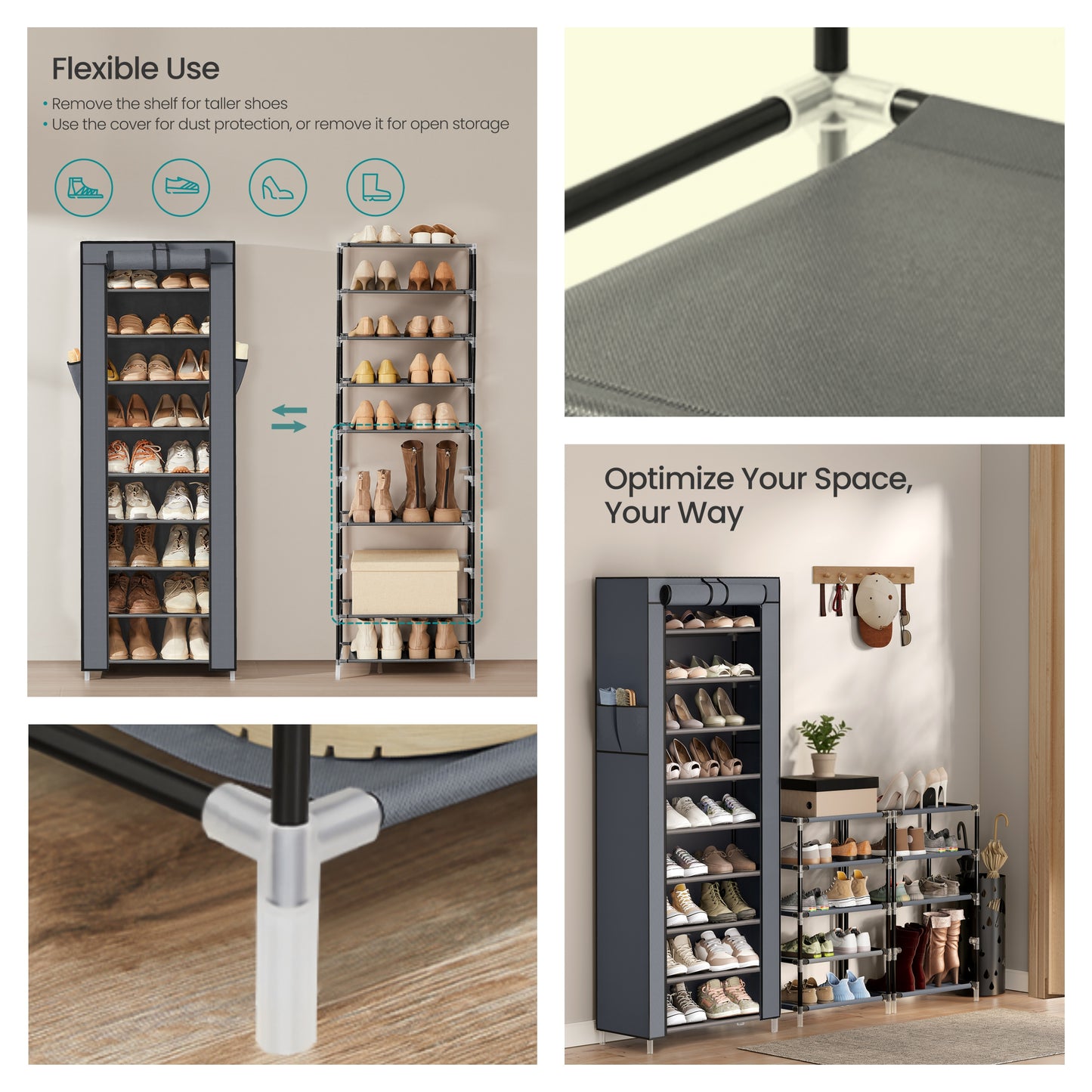 10-Tier Shoe Storage Cabinet with Dustproof Cover, Free-Standing Organizer for 20 Pairs of Shoes, for Closet and Entryway, Gray