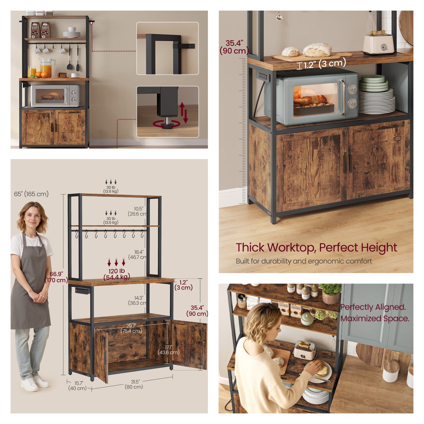Kitchen Bakers Rack with Power Outlet, Coffee Bar with 35.4-Inch High Worktop and Microwave Stand, Rustic Brown and Ink Black