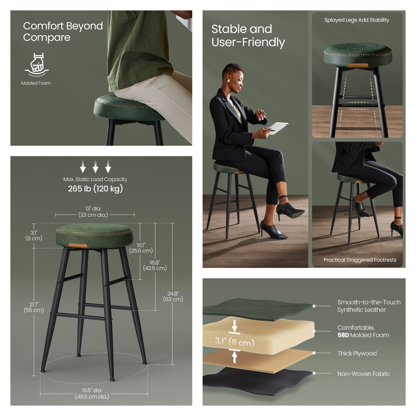 Set of 2 Counter Height Bar Stools, Mid-Century Modern Backless Stools with Staggered Footrests, 24.8-Inch Tall, Forest Green