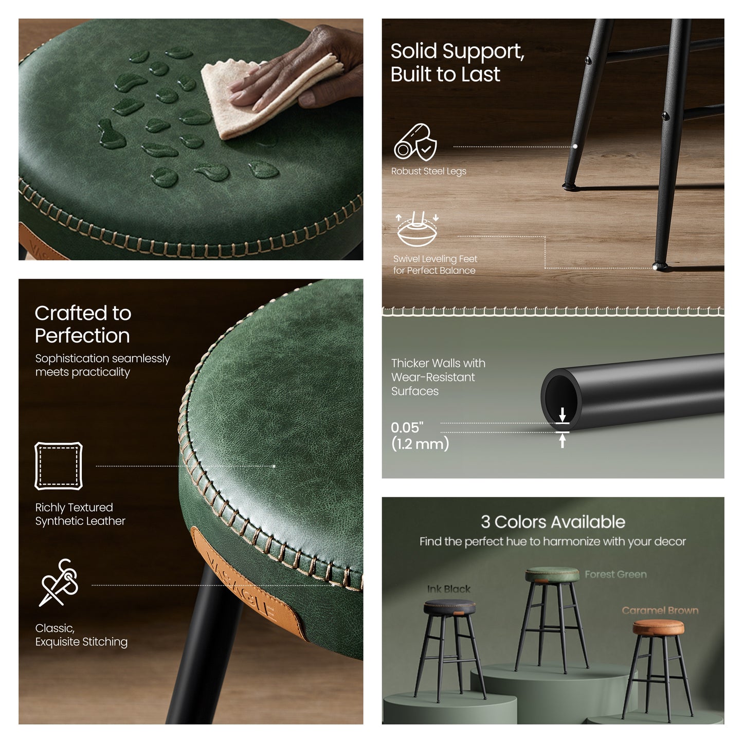 Set of 2 Counter Height Bar Stools, Mid-Century Modern Backless Stools with Staggered Footrests, 24.8-Inch Tall, Forest Green