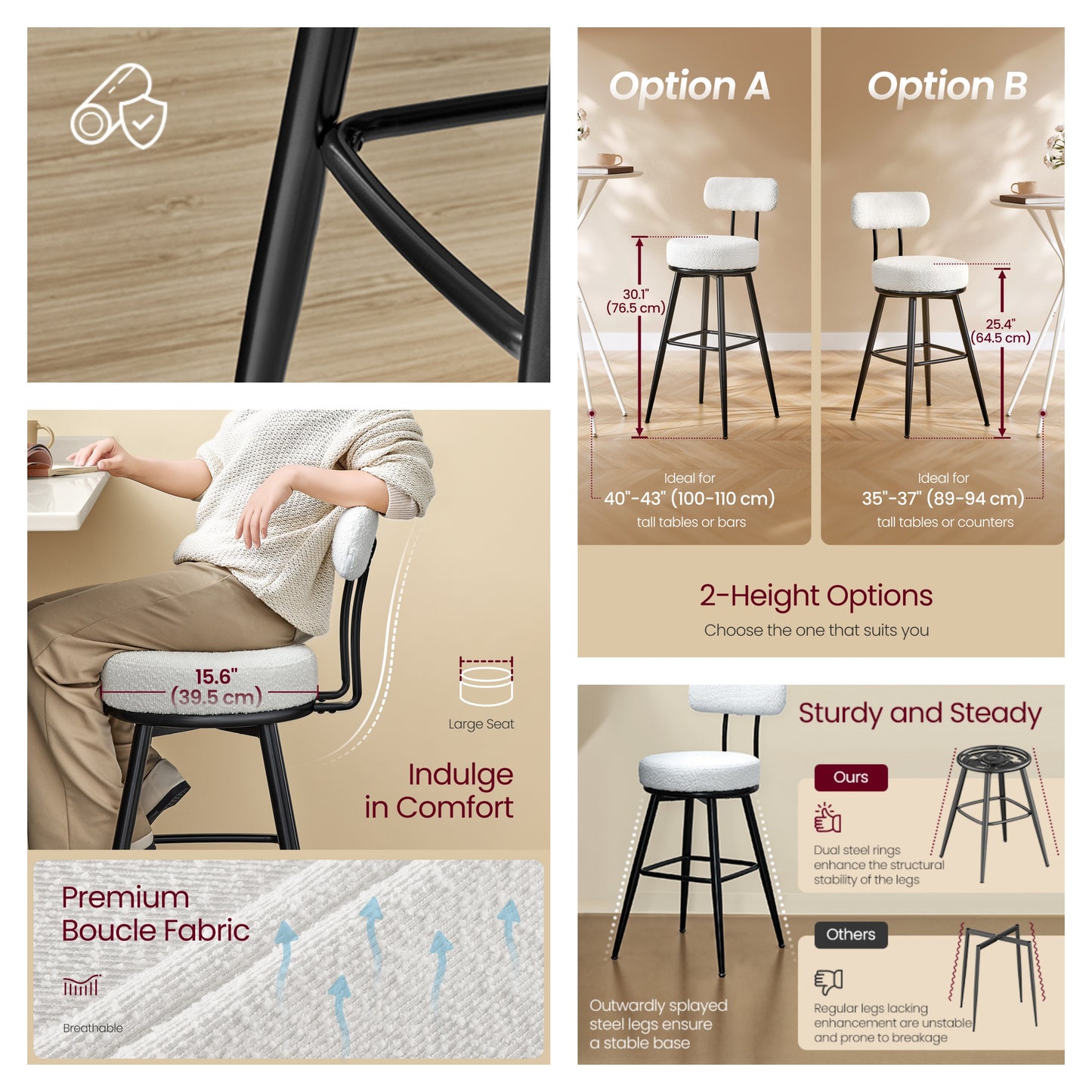 Set of 2 Swivel Bar Stools with Back, Counter Height Boucle Fabric Stools, 25.4-Inch Tall Modern Kitchen Stools, Cloud White