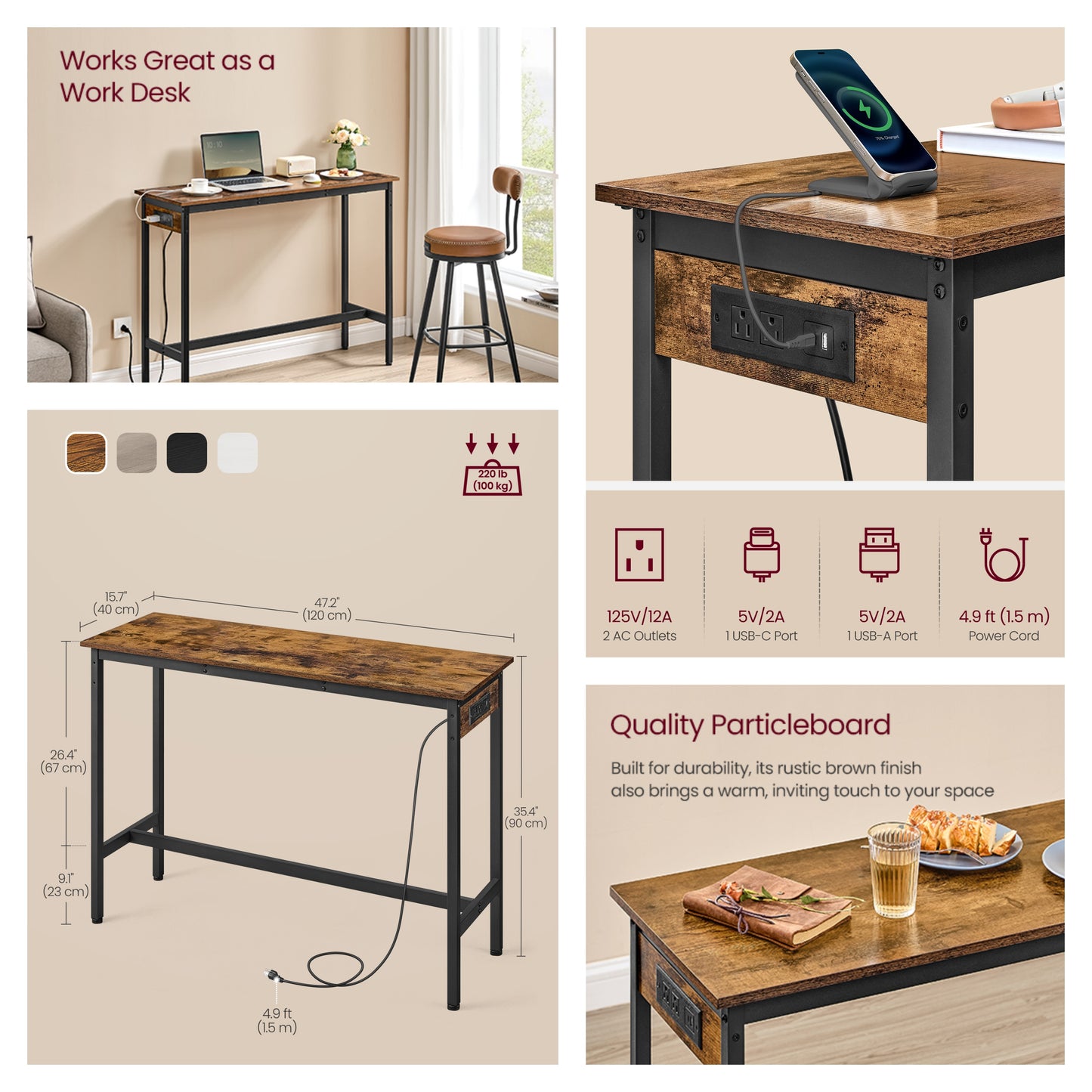 Narrow Bar Table with Charging Station, 47.2 Inch Kitchen Dining Table with USB Ports and Metal Frame, Rustic Brown and Ink Black
