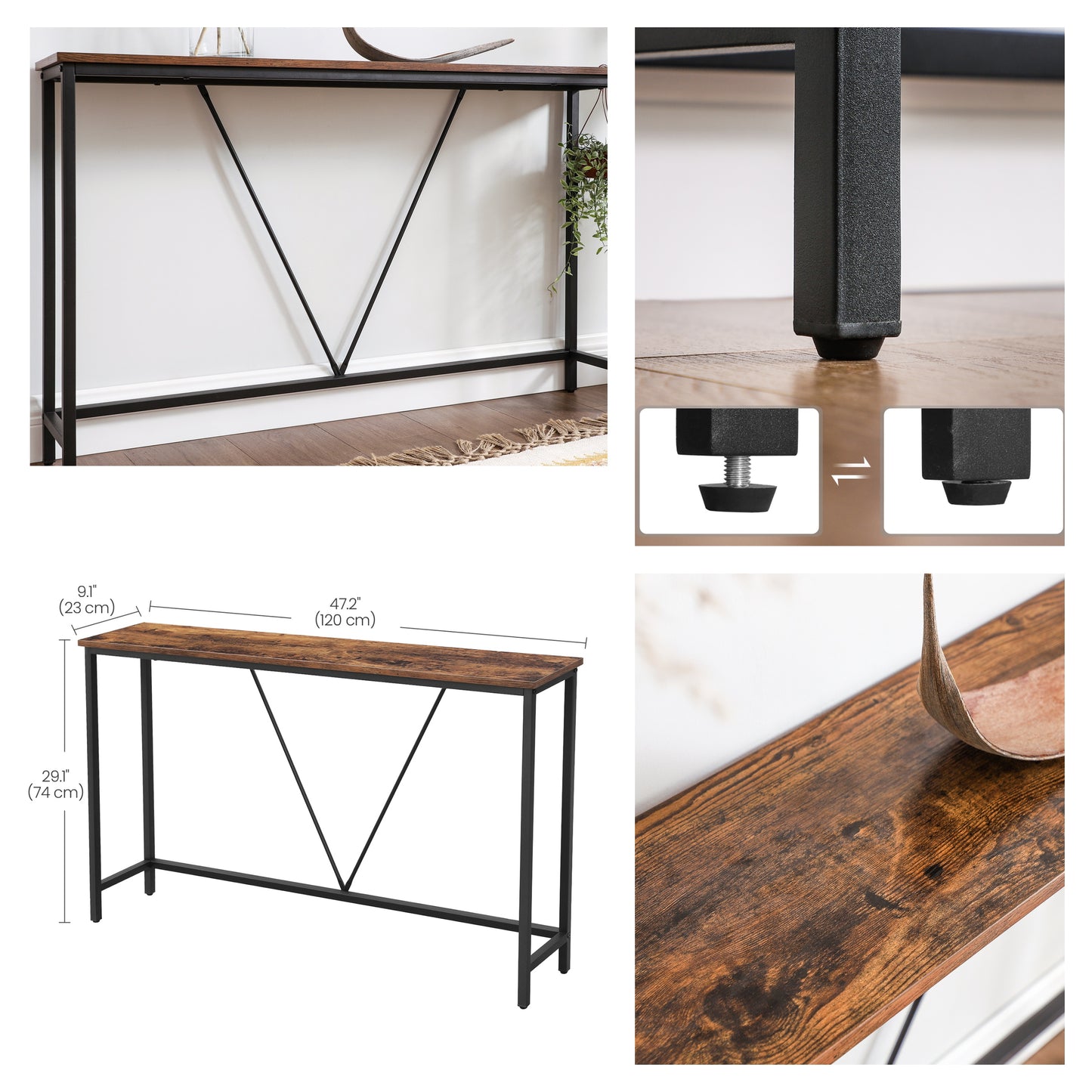Narrow Console Sofa Table, 47.2-Inch Entryway Table with Steel Frame for Living Room and Bedroom, Rustic Brown and Ink Black