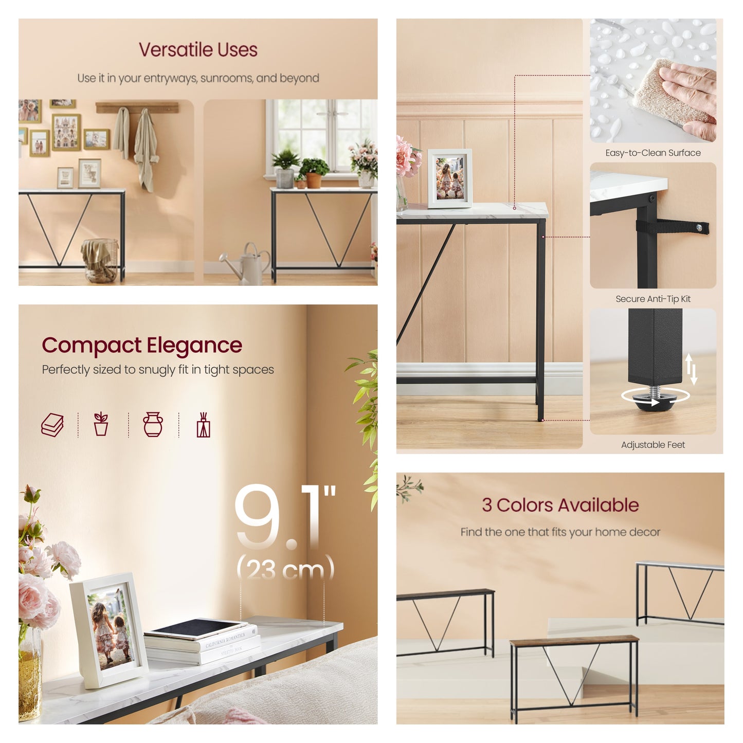 Narrow Console Sofa Table, 47.2-Inch Entryway Table with Steel Frame for Living Room and Bedroom, Marble White and Ink Black