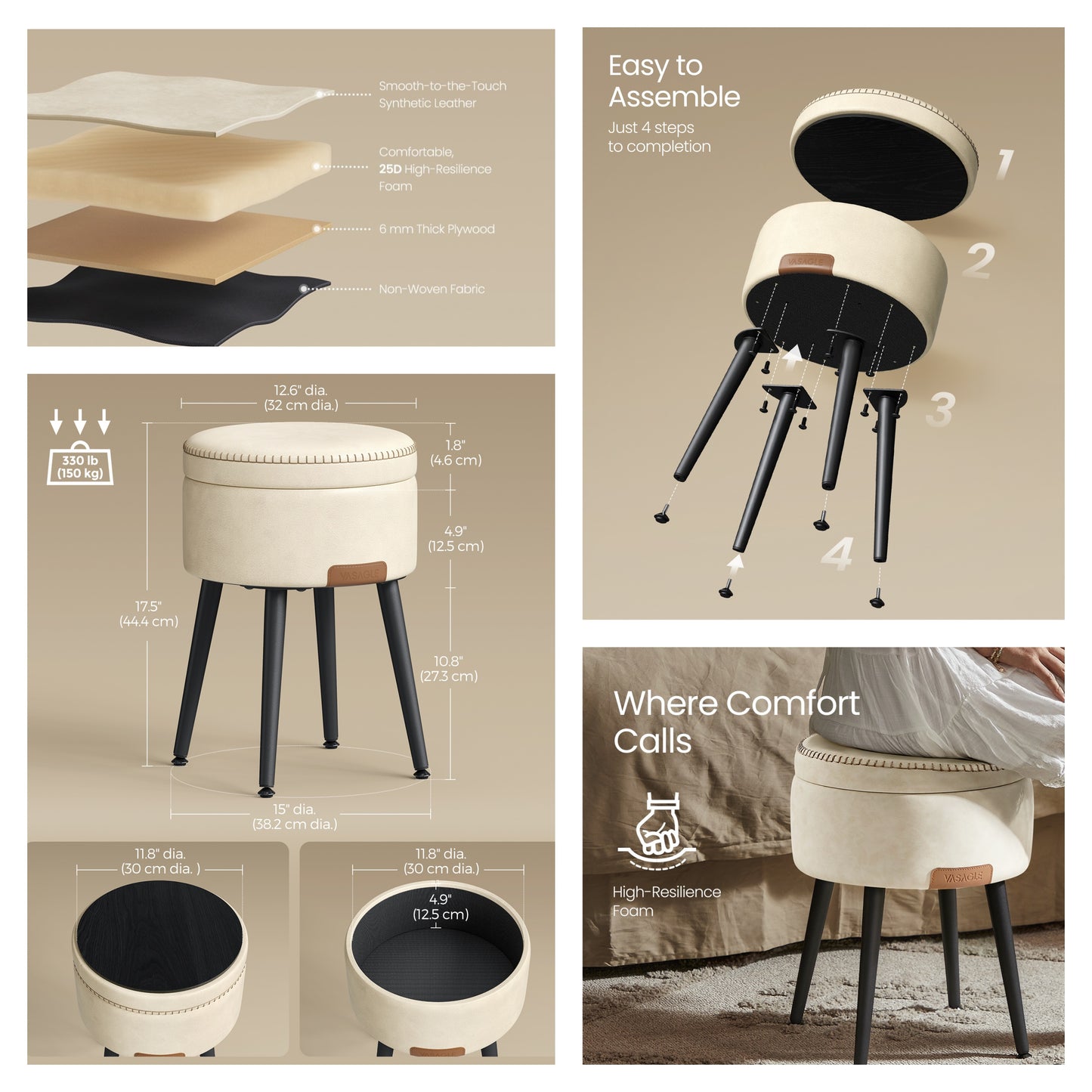 Storage Ottoman Vanity Chair, Mid-Century Modern Round Stool with Steel Legs and 330 lb Capacity, Cream White