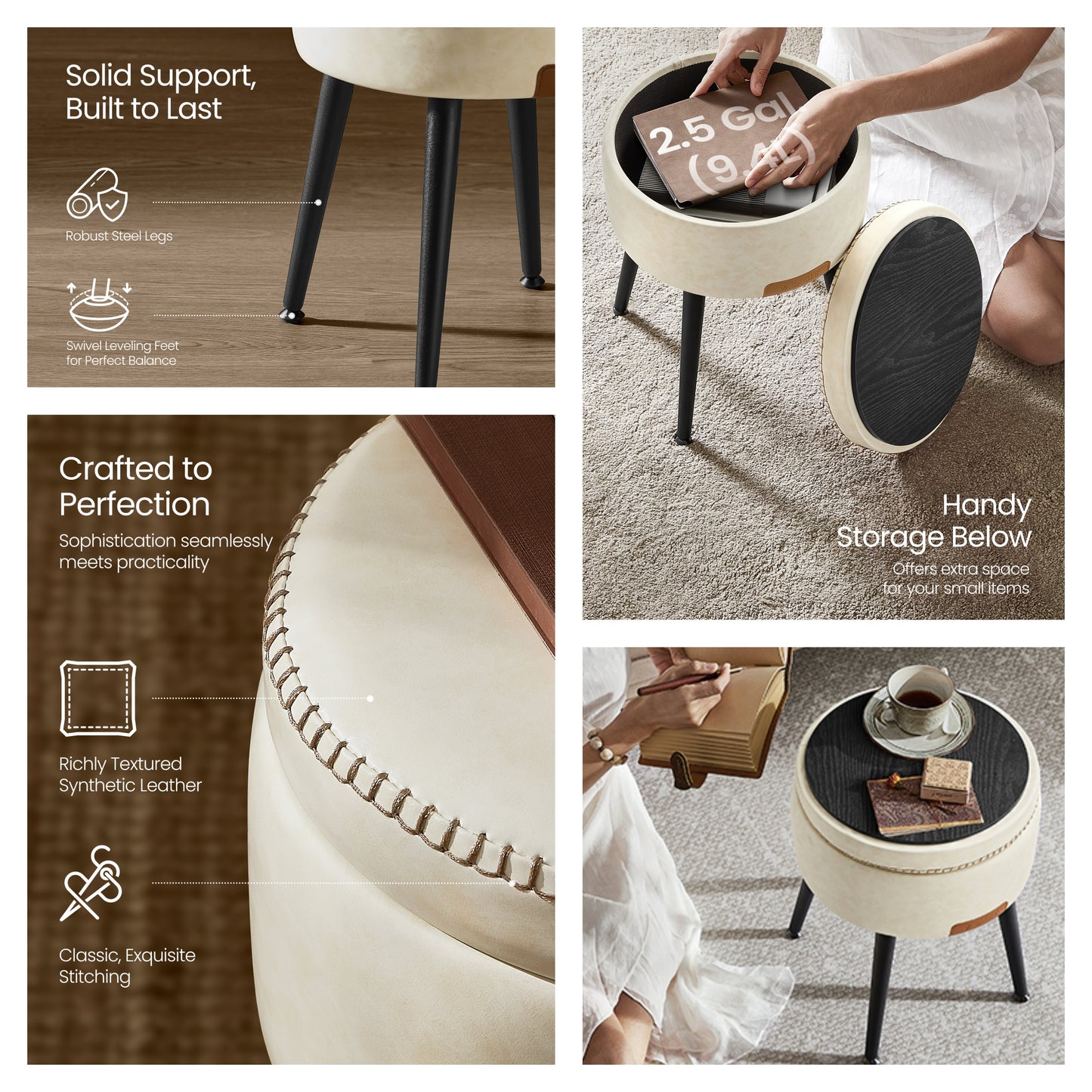 Storage Ottoman Vanity Chair, Mid-Century Modern Round Stool with Steel Legs and 330 lb Capacity, Cream White