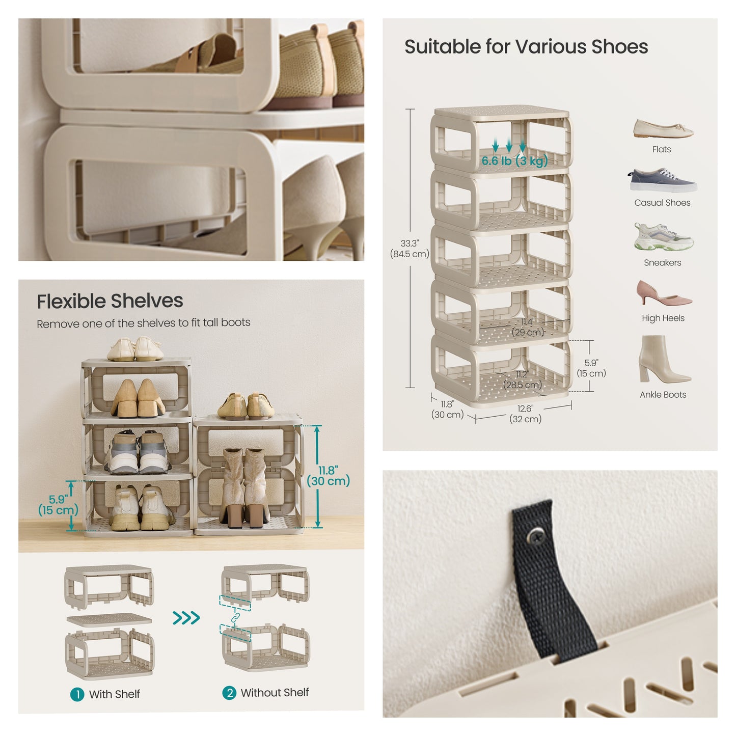 6-Shelf Shoe Rack, Removable Shelves Shoe Organizer for Entryway, Living Room and Bathroom, Narrow Space-Saving Design, Cappuccino Beige