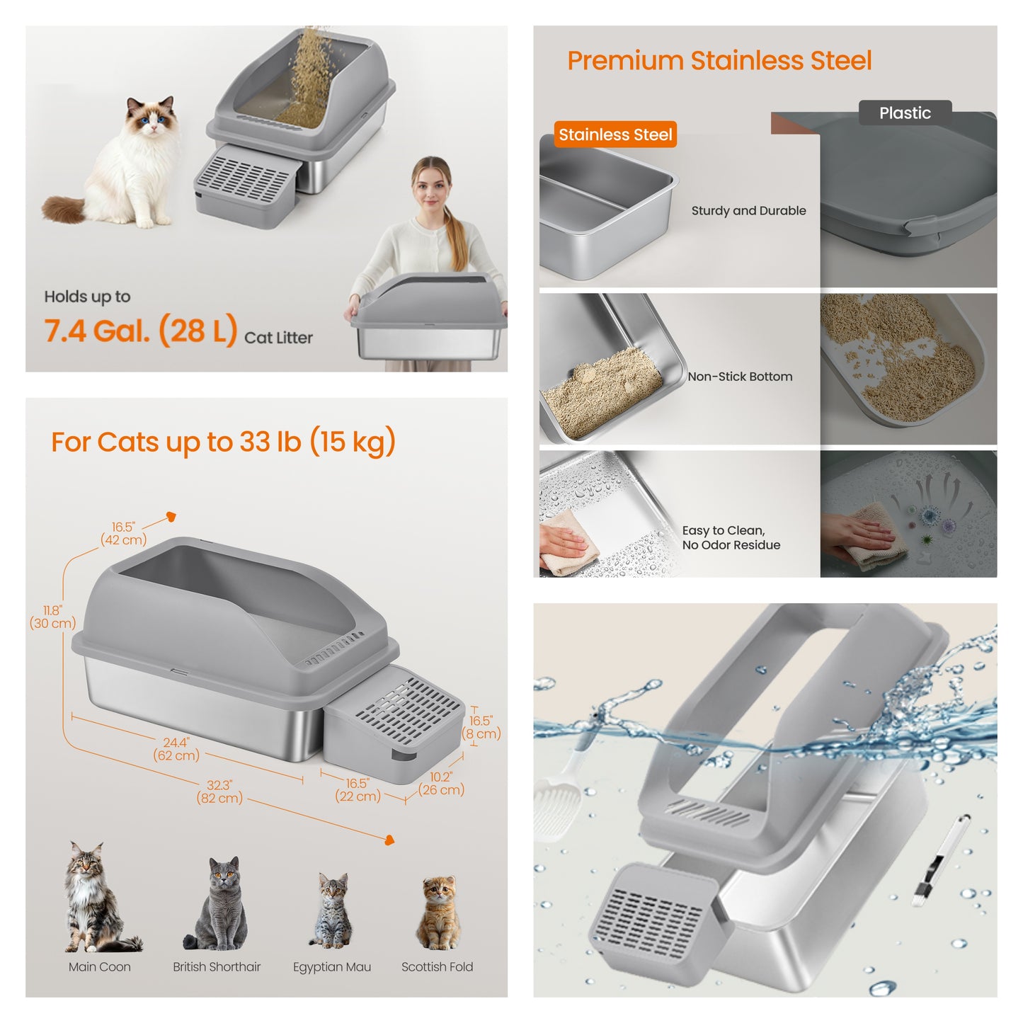 Stainless Steel Open Top Cat Litter Box with Step, High-Sided Litter Tray for Cats up to 33 lb, Slate Gray