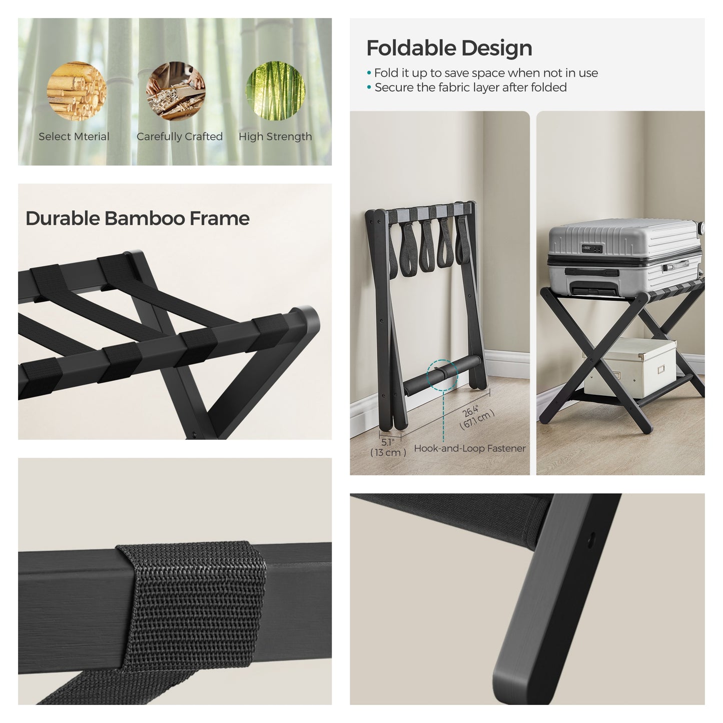 Set of 2 Folding Luggage Racks with Storage Shelves, Heavy-Duty Suitcase Stands for Guest Room and Hotel, Ink Black
