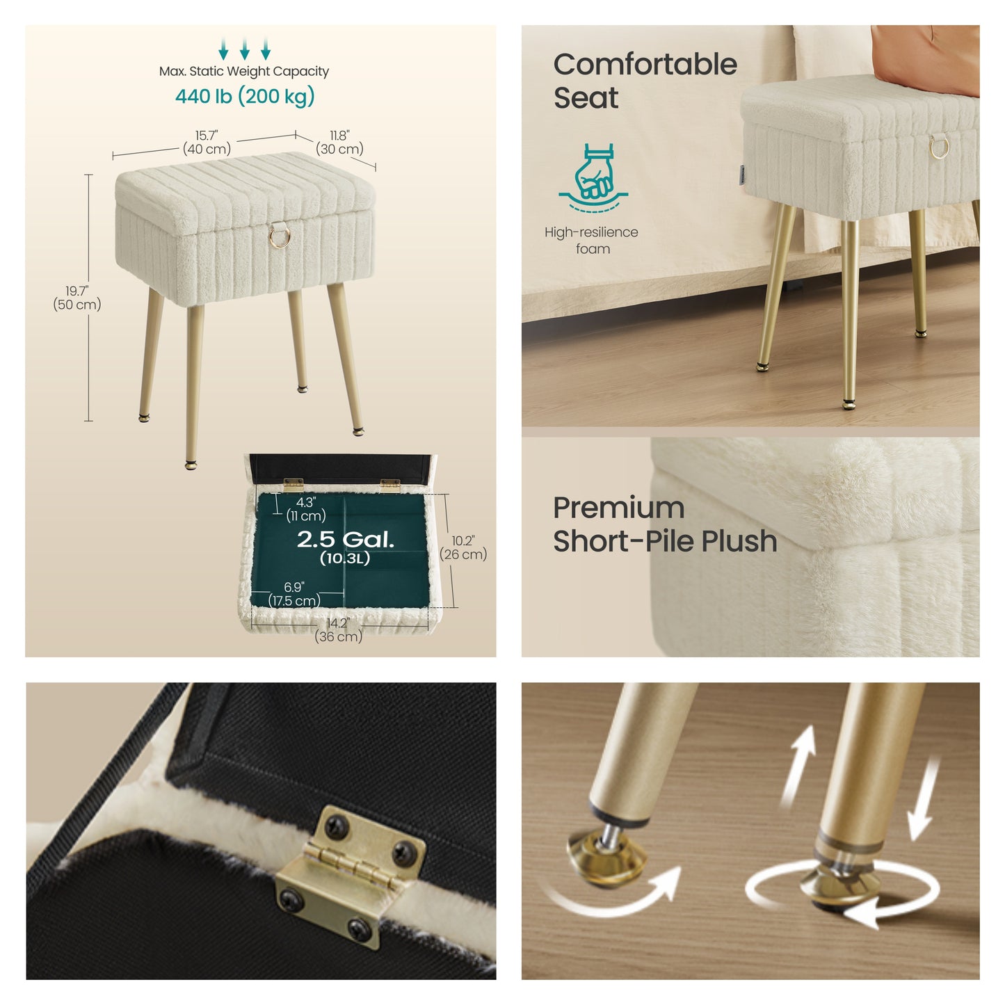 Vanity Stool with Storage and Removable Dividers, Makeup Stool and Footrest with Adjustable Feet for Bedroom and Living Room, Cappuccino Beige