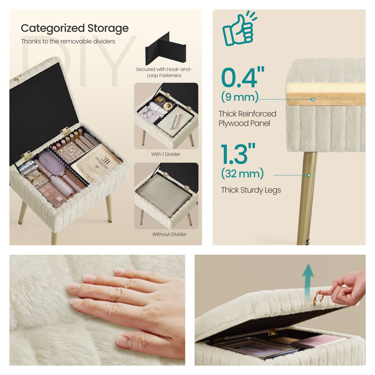 Vanity Stool with Storage and Removable Dividers, Makeup Stool and Footrest with Adjustable Feet for Bedroom and Living Room, Cappuccino Beige