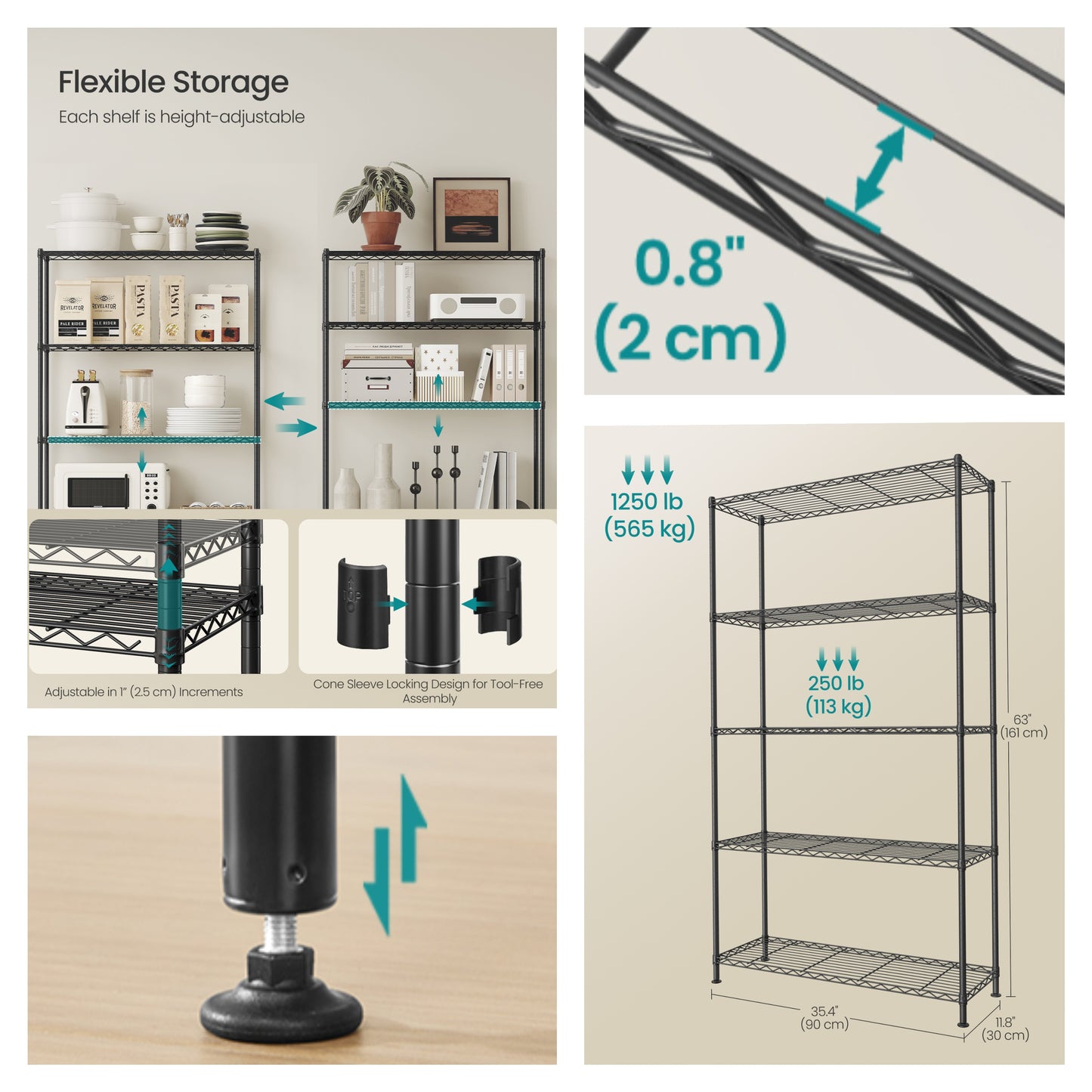5-Tier Metal Wire Shelving Unit, Adjustable Storage Shelf with Steel Frame, for Garage, Kitchen, Pantry, 35.4 x 63 x 11.8 Inches, Ink Black