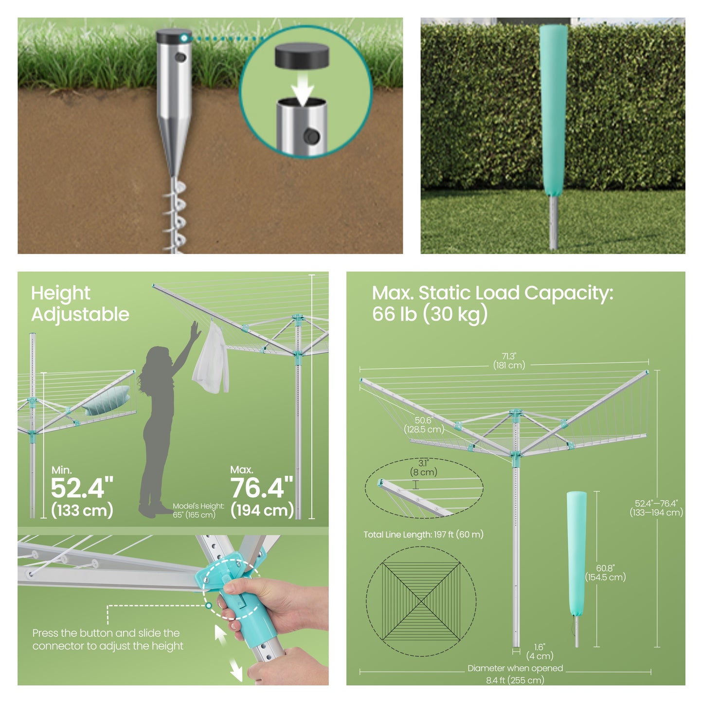 Retractable Outdoor Drying Rack, Height Adjustable Umbrella Clothesline 197 Ft Long, Holds 6 Loads with Ground Spike & Cover for Garden, Silver and Green