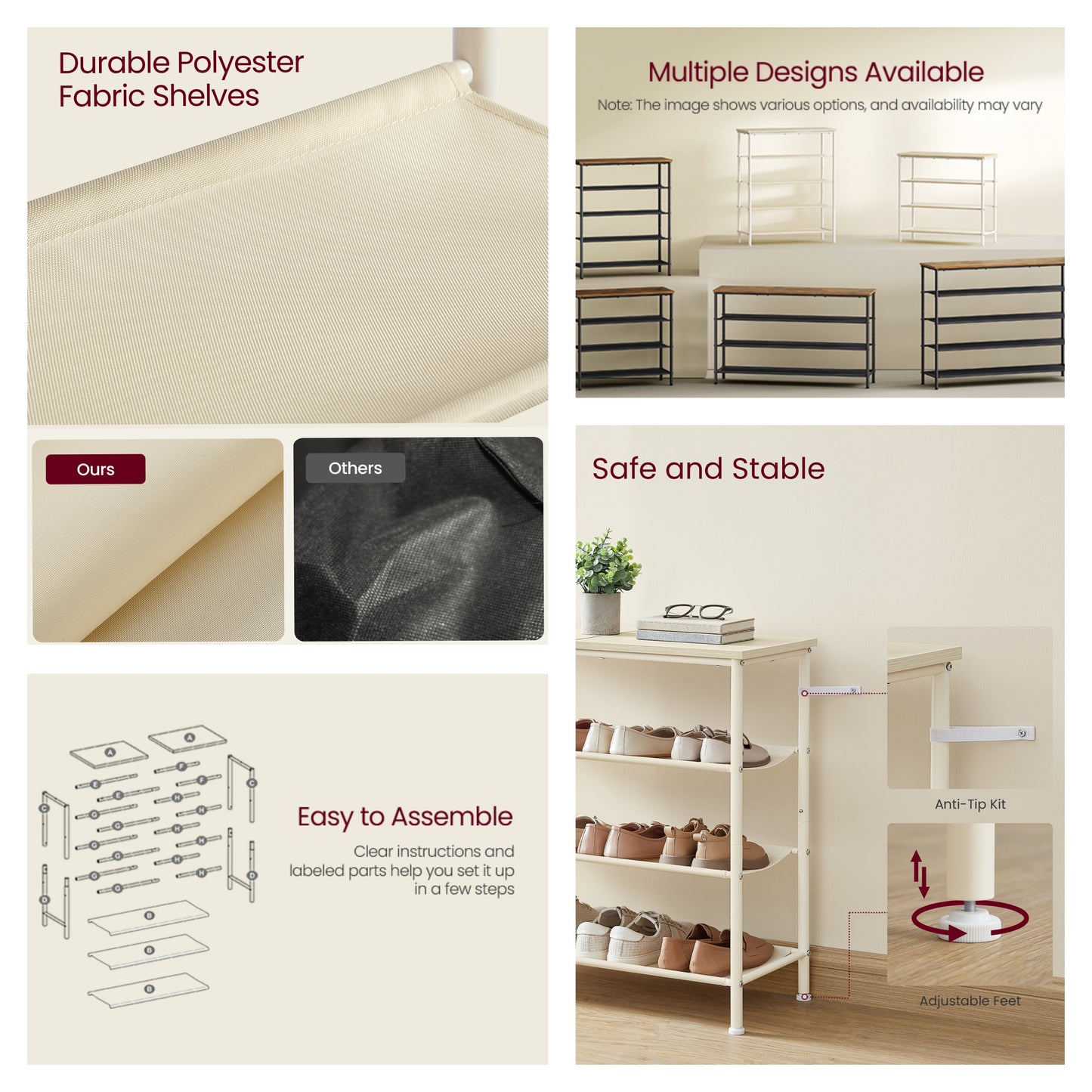 4-Tier Entryway Shoe Storage Organizer with 3 Fabric Shelves, Steel Frame Holds 9-12 Pairs, Adjustable Feet & Anti-Tip Kit, Natural Beige and Pearl White