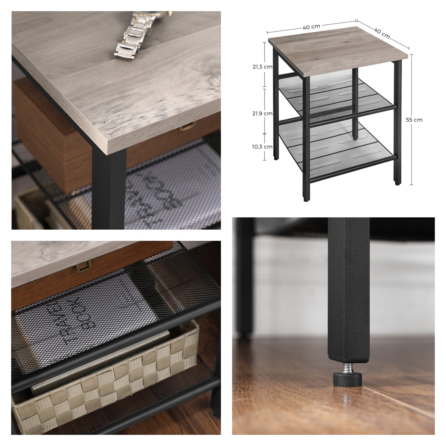 Nightstand Side Table with 2 Height‑Adjustable Mesh Shelves, Industrial Design with Sturdy Metal Frame, Easy to Put Together