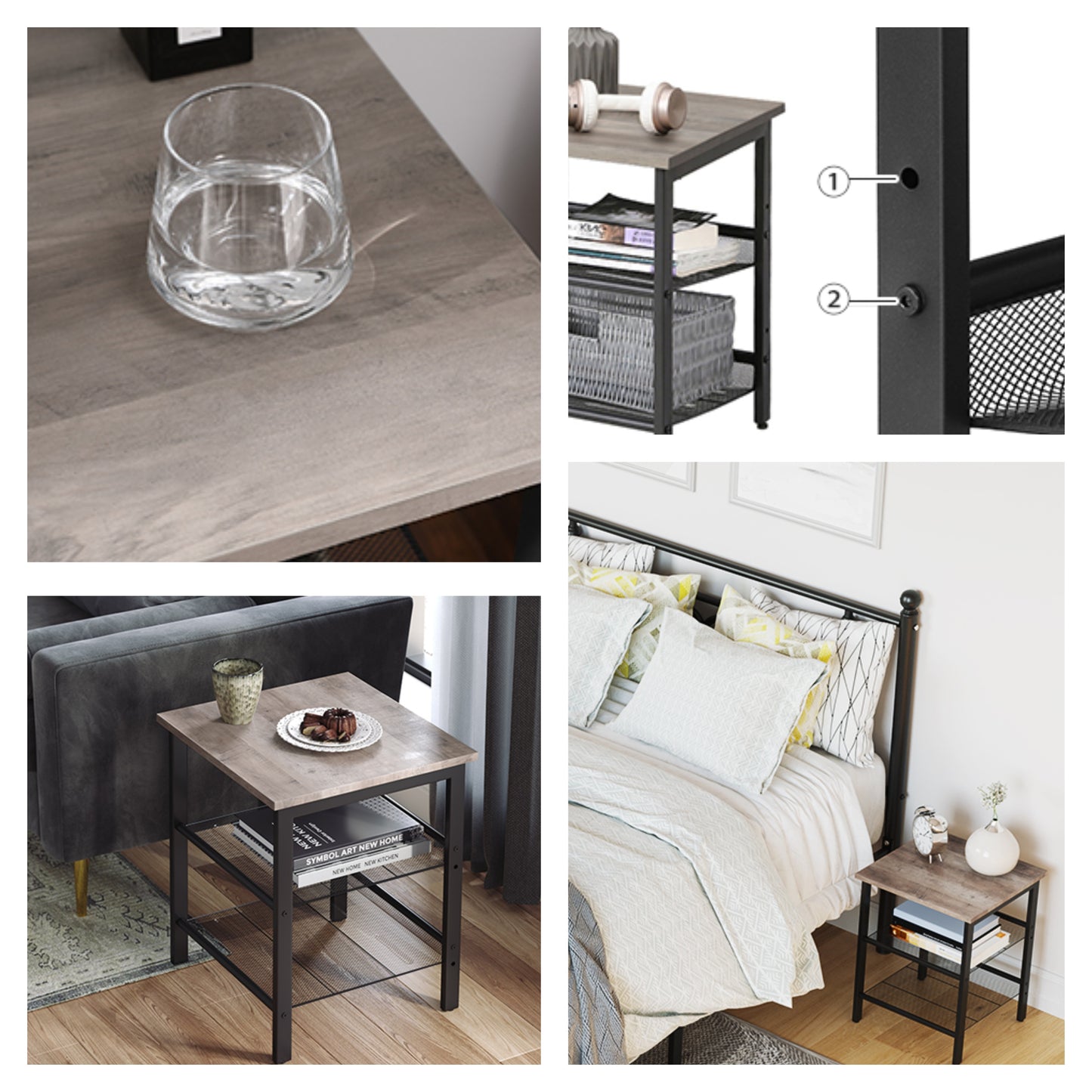 Nightstand Side Table with 2 Height‑Adjustable Mesh Shelves, Industrial Design with Sturdy Metal Frame, Easy to Put Together