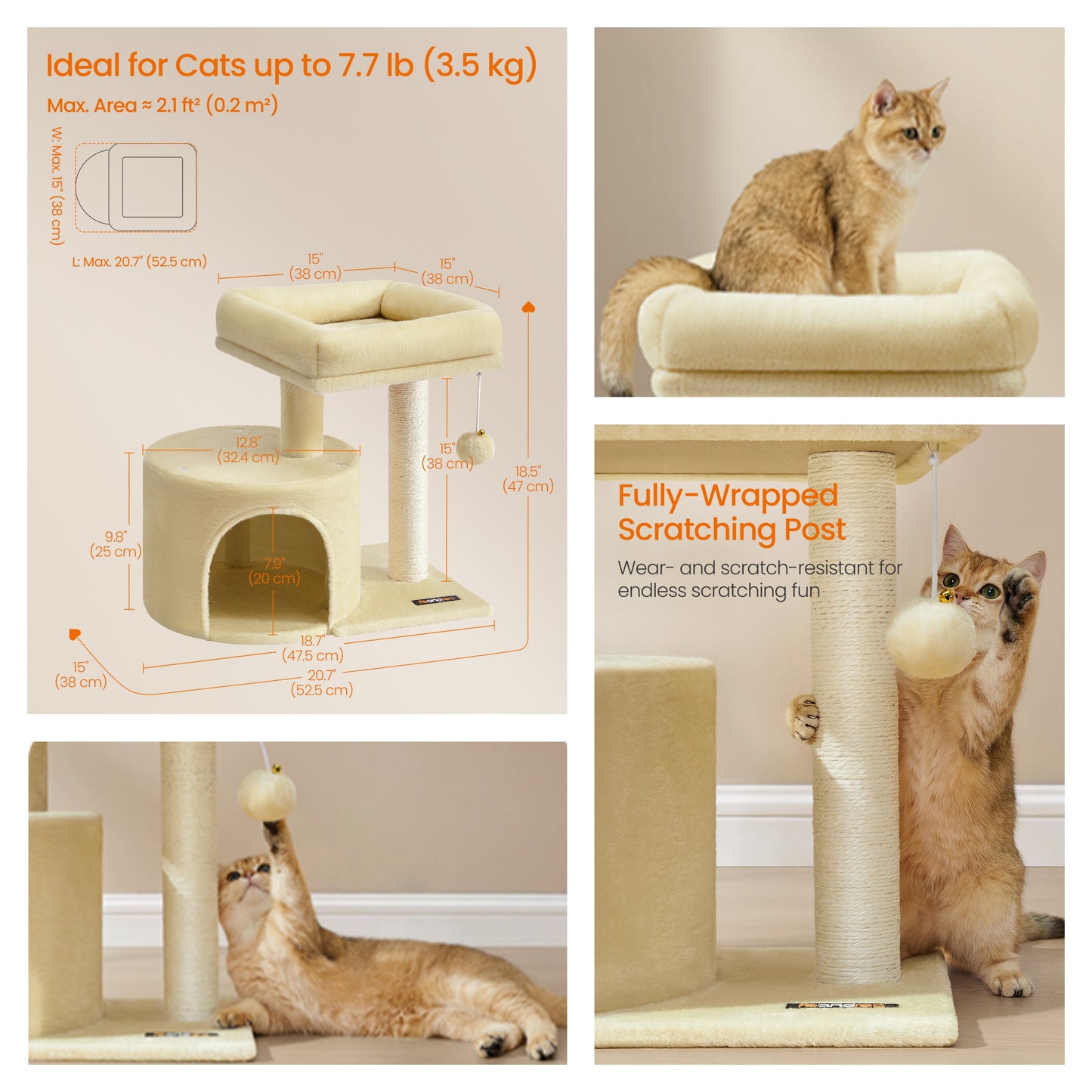 Small Cat Tree Tower with Sisal Scratching Post, Plush Condo with Padded Perch & Cave, for Kittens, Small Spaces, Sand Beige