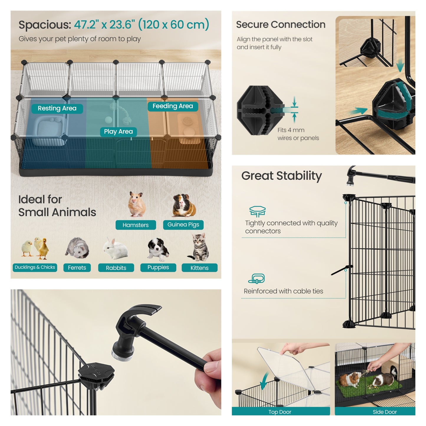 20-Panel Guinea Pig Cage with Waterproof Mat, Small Animal Playpen with Top & Side Doors, for Rabbits, Hamsters, 48.4 x 24.8 x 16.3 Inches, Ink Black