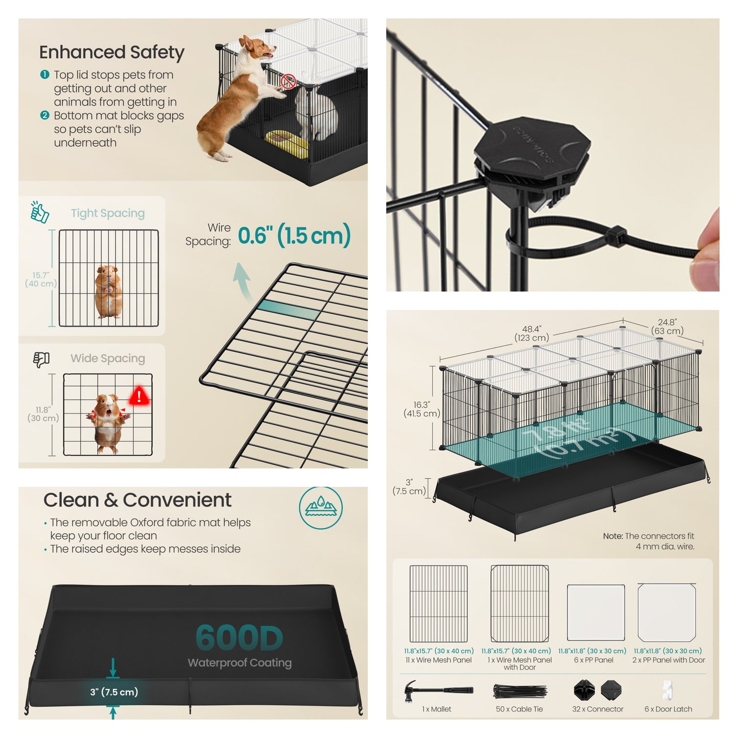 20-Panel Guinea Pig Cage with Waterproof Mat, Small Animal Playpen with Top & Side Doors, for Rabbits, Hamsters, 48.4 x 24.8 x 16.3 Inches, Ink Black